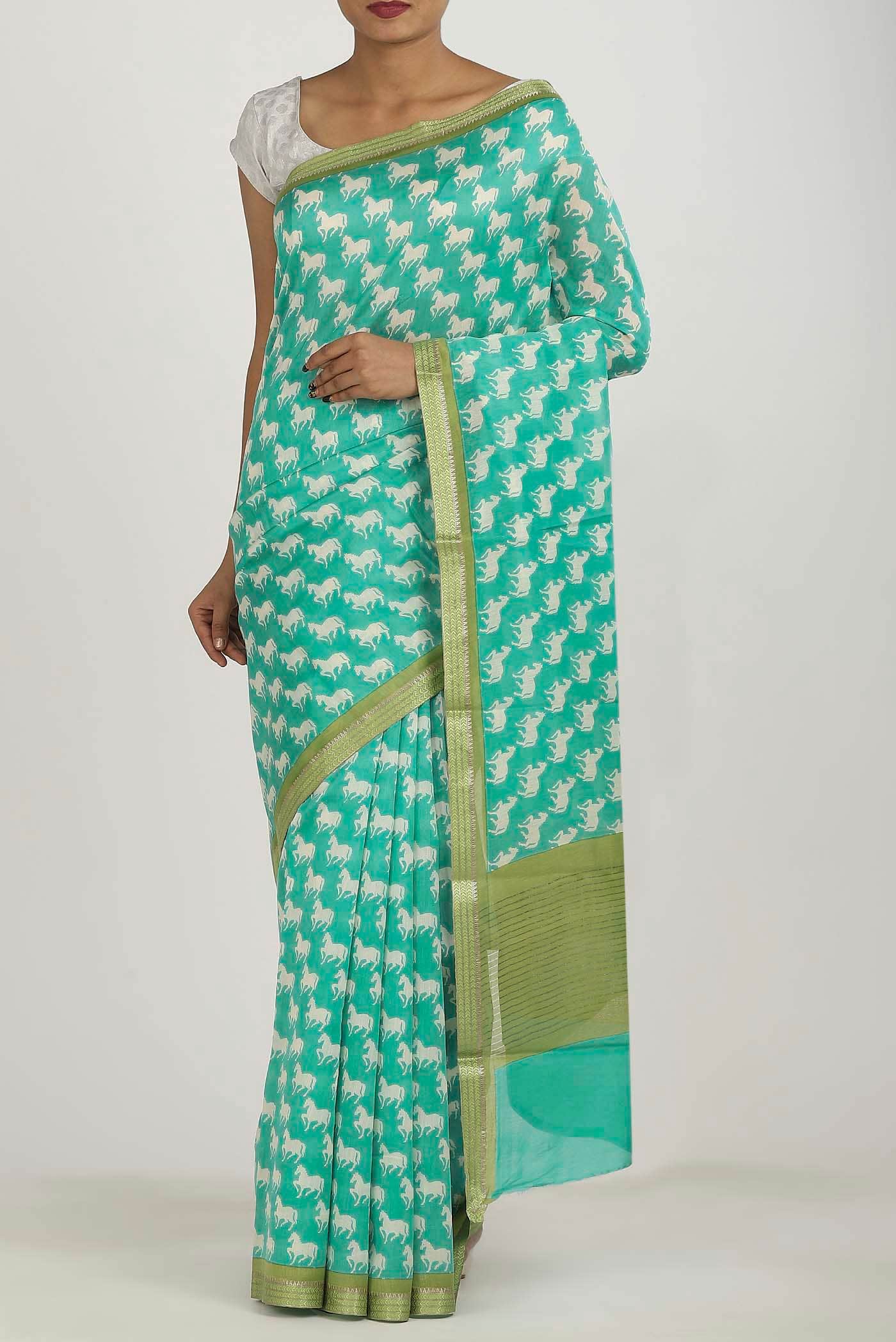 Turquoise Chanderi Silk Cotton Saree
