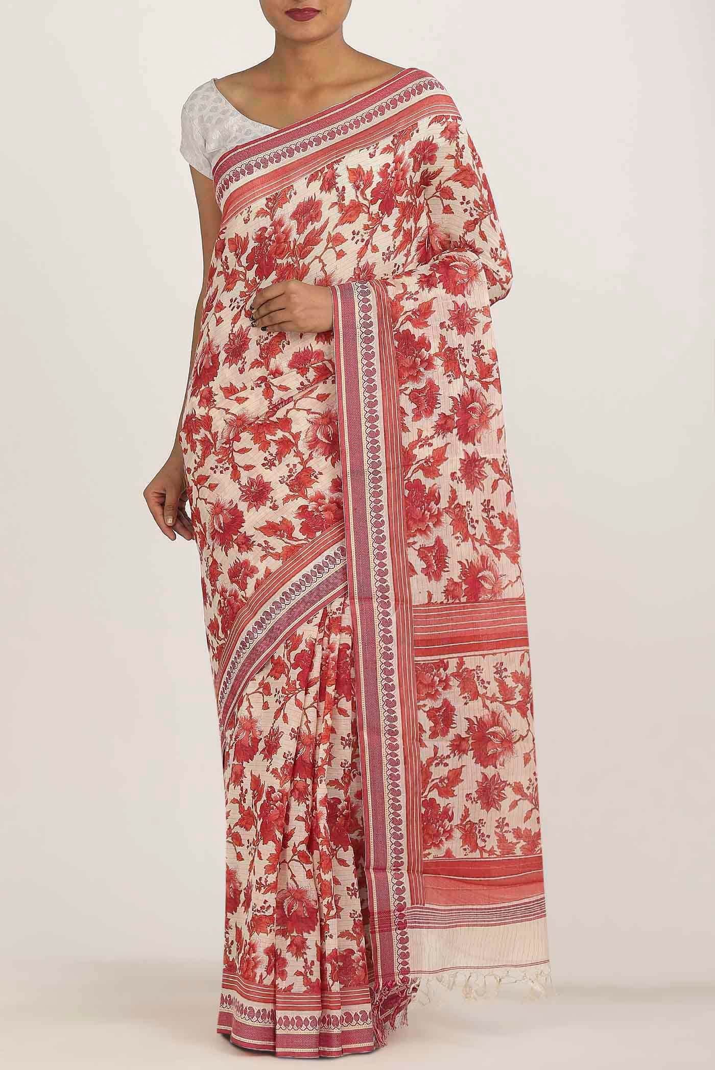Cream Tussar Silk Saree