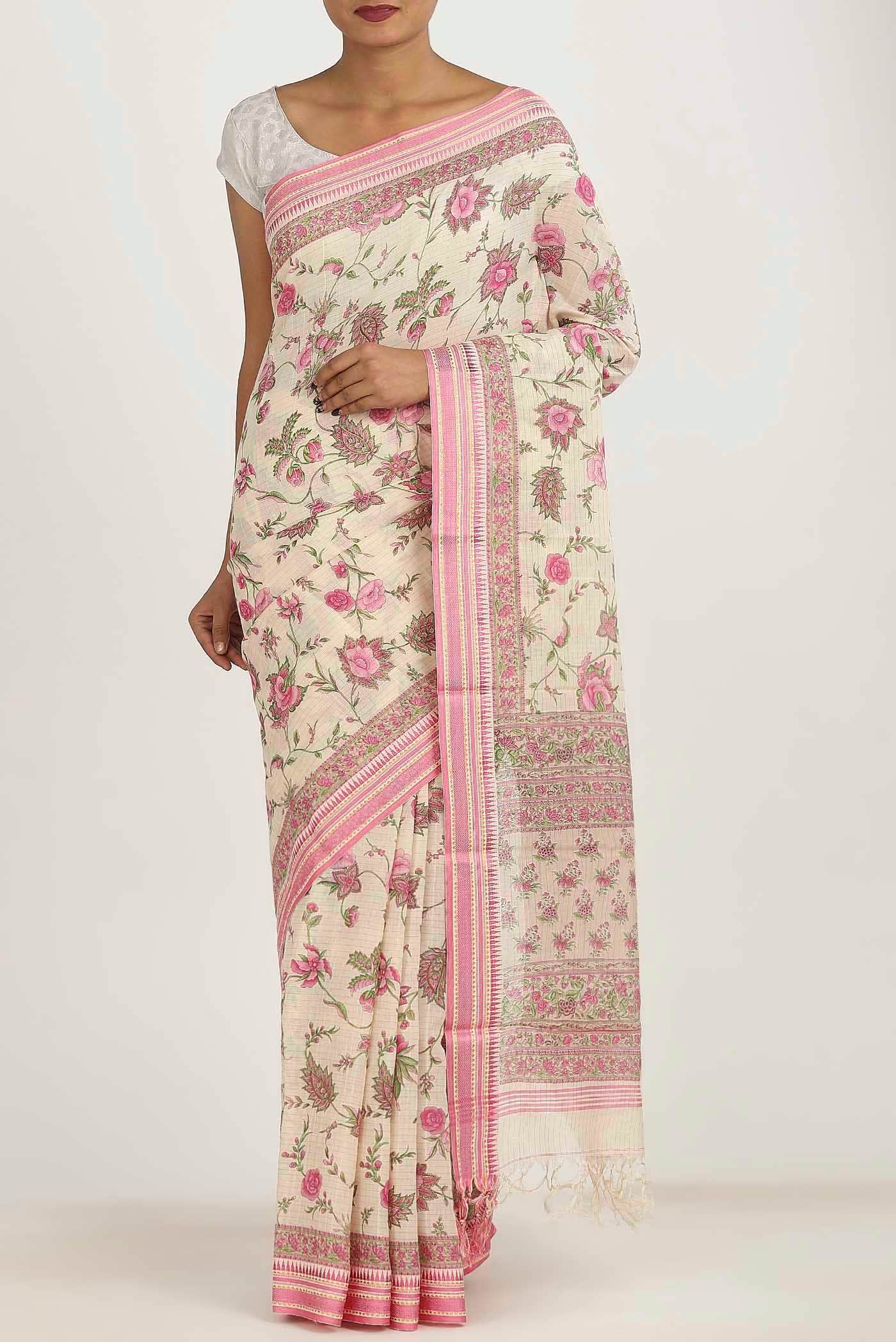 Cream Tussar Silk Saree
