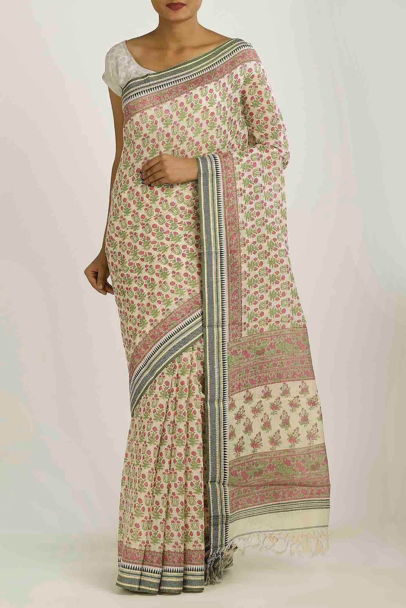 Cream Tussar Silk Saree