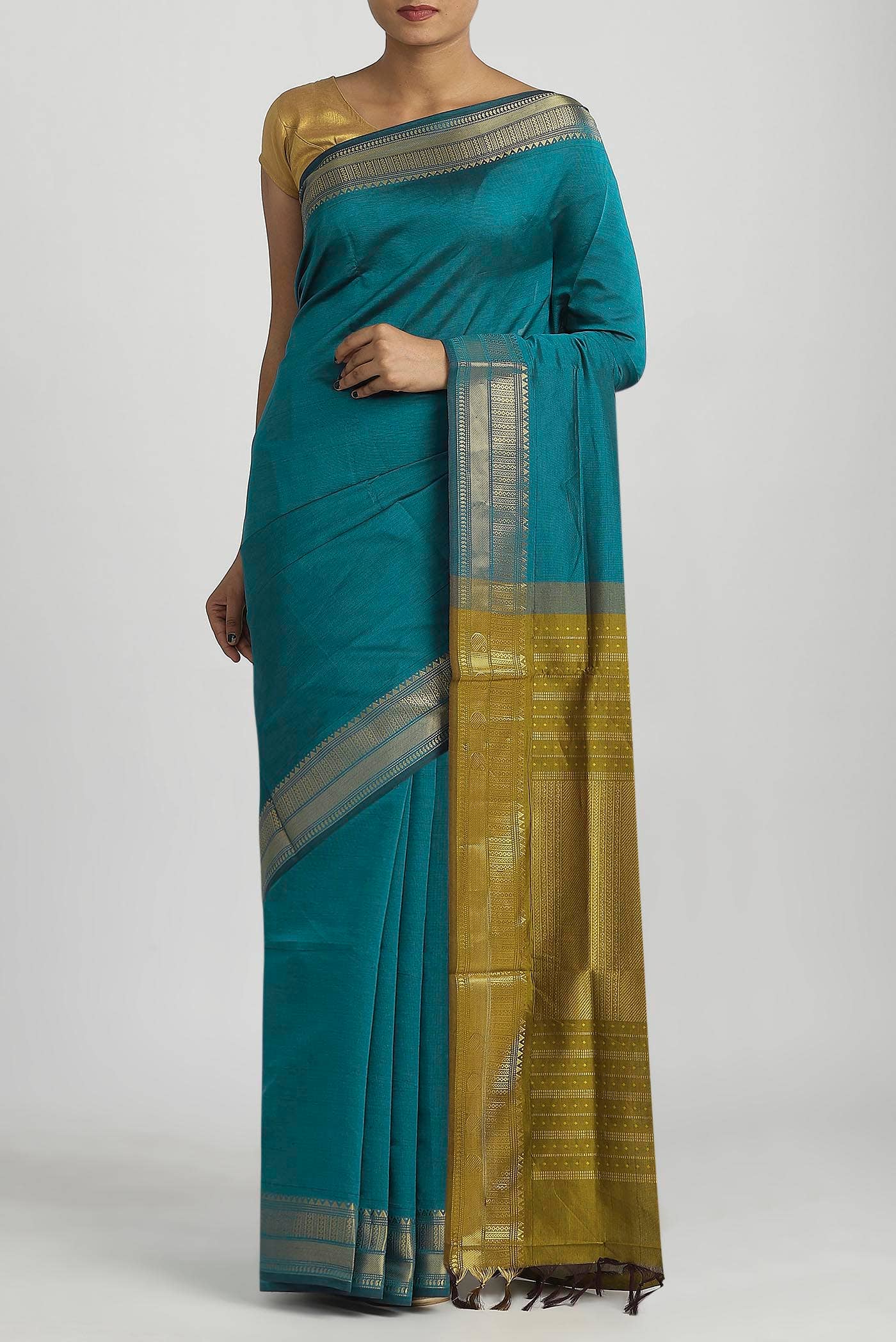 Blue Blended Poly Cotton Saree