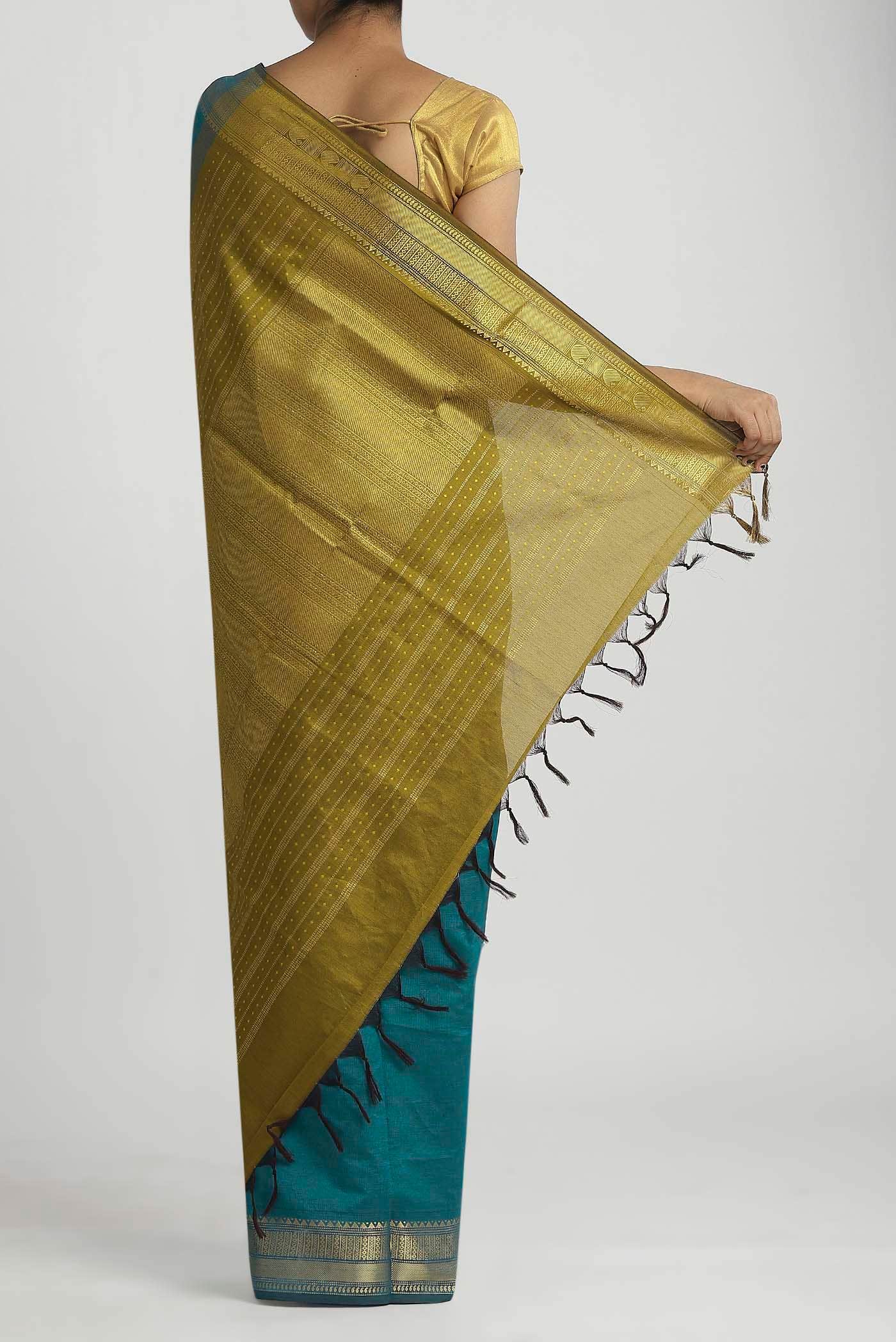 Blue Blended Poly Cotton Saree