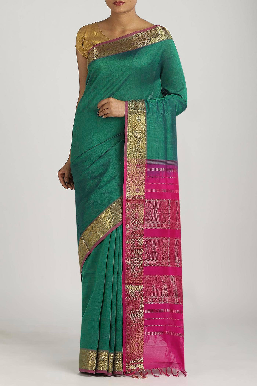 Green Blended Poly Cotton Saree