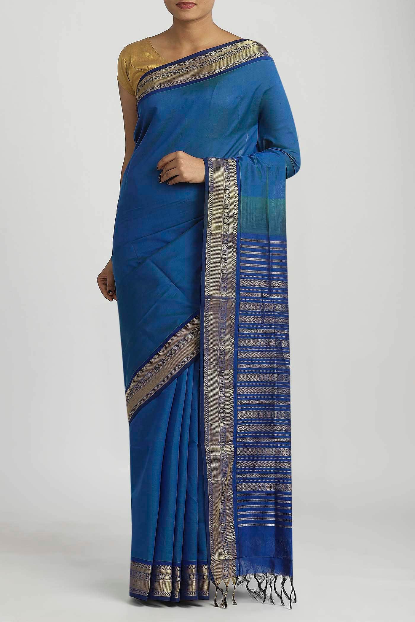 Blue Blended Poly Cotton Saree