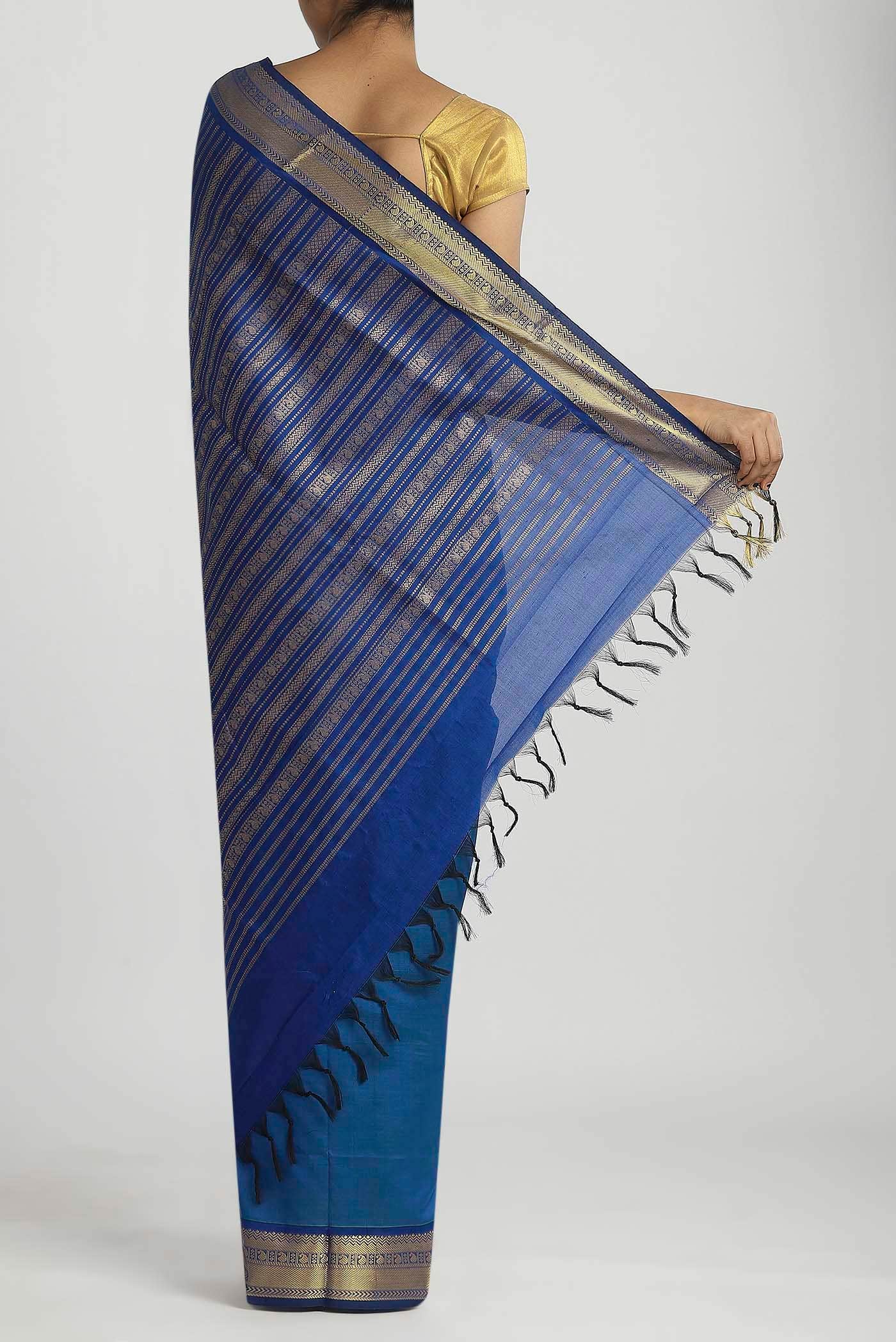 Blue Blended Poly Cotton Saree