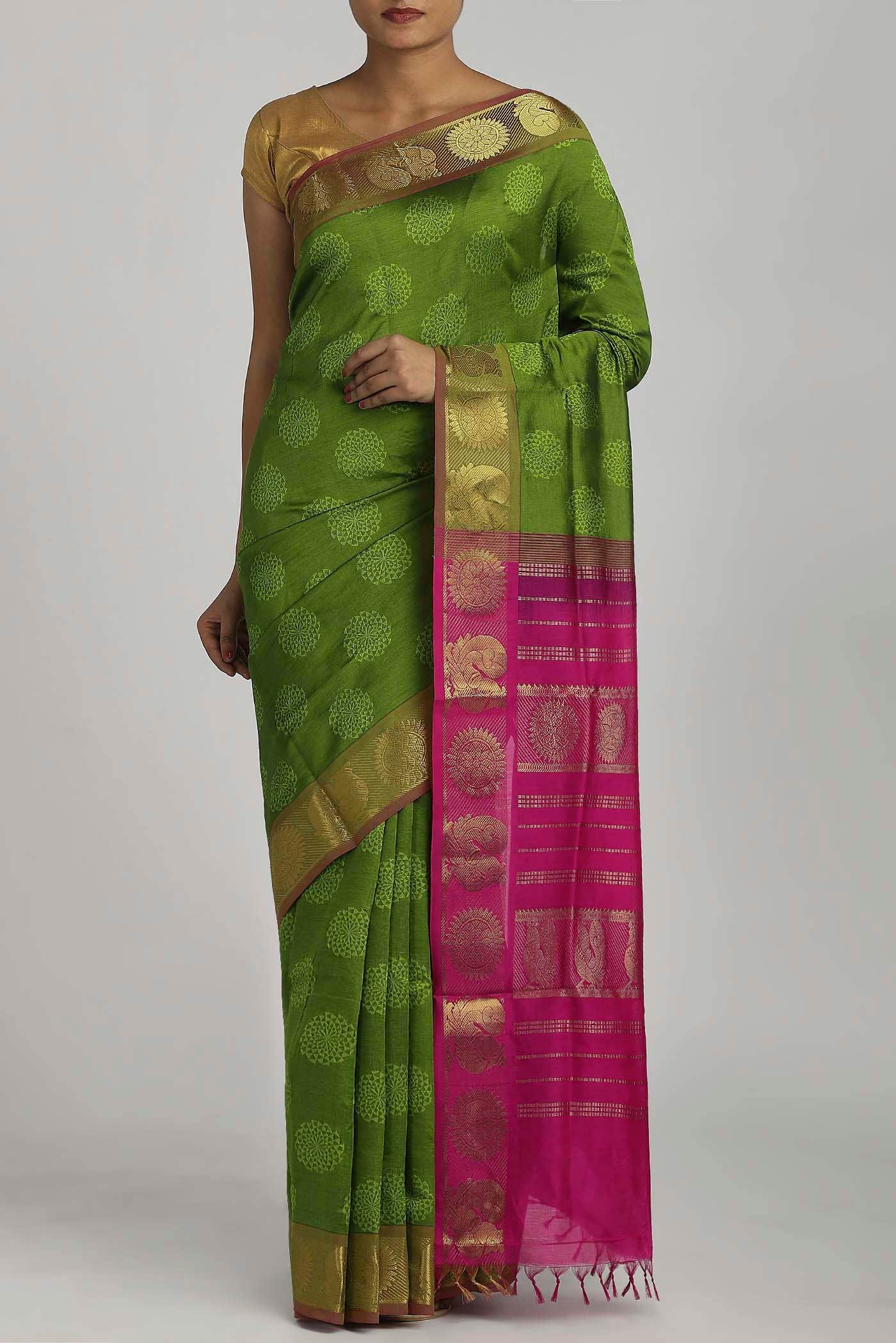 Green Blended Poly Cotton Saree