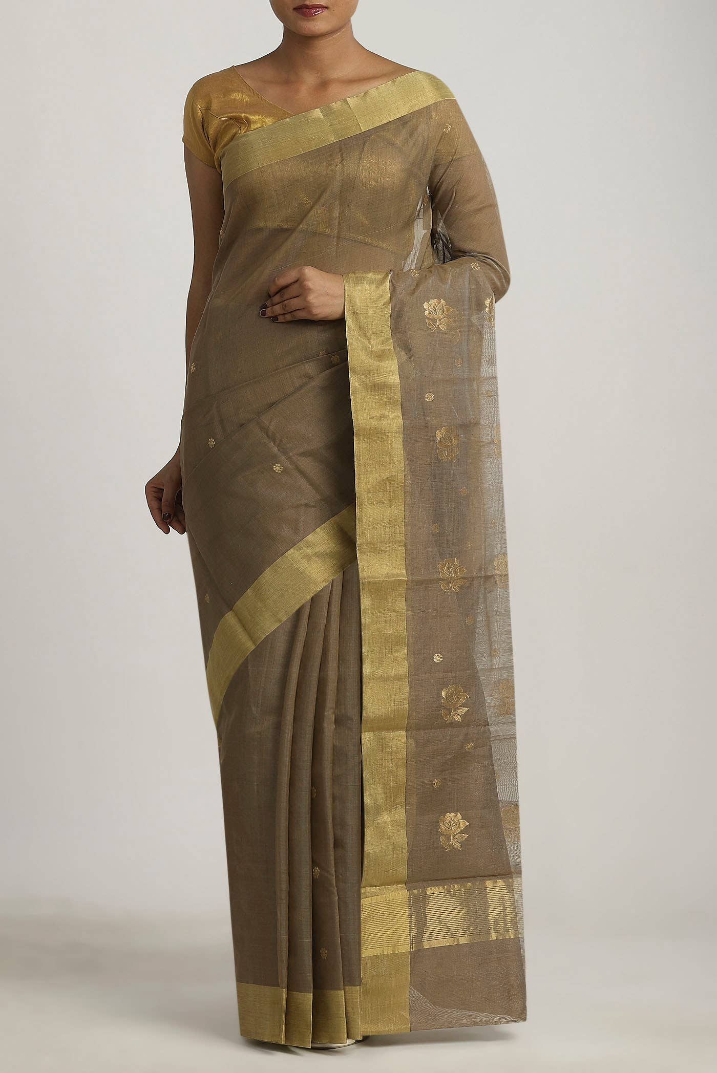 Dark Beige Chanderi Silk Cotton Saree