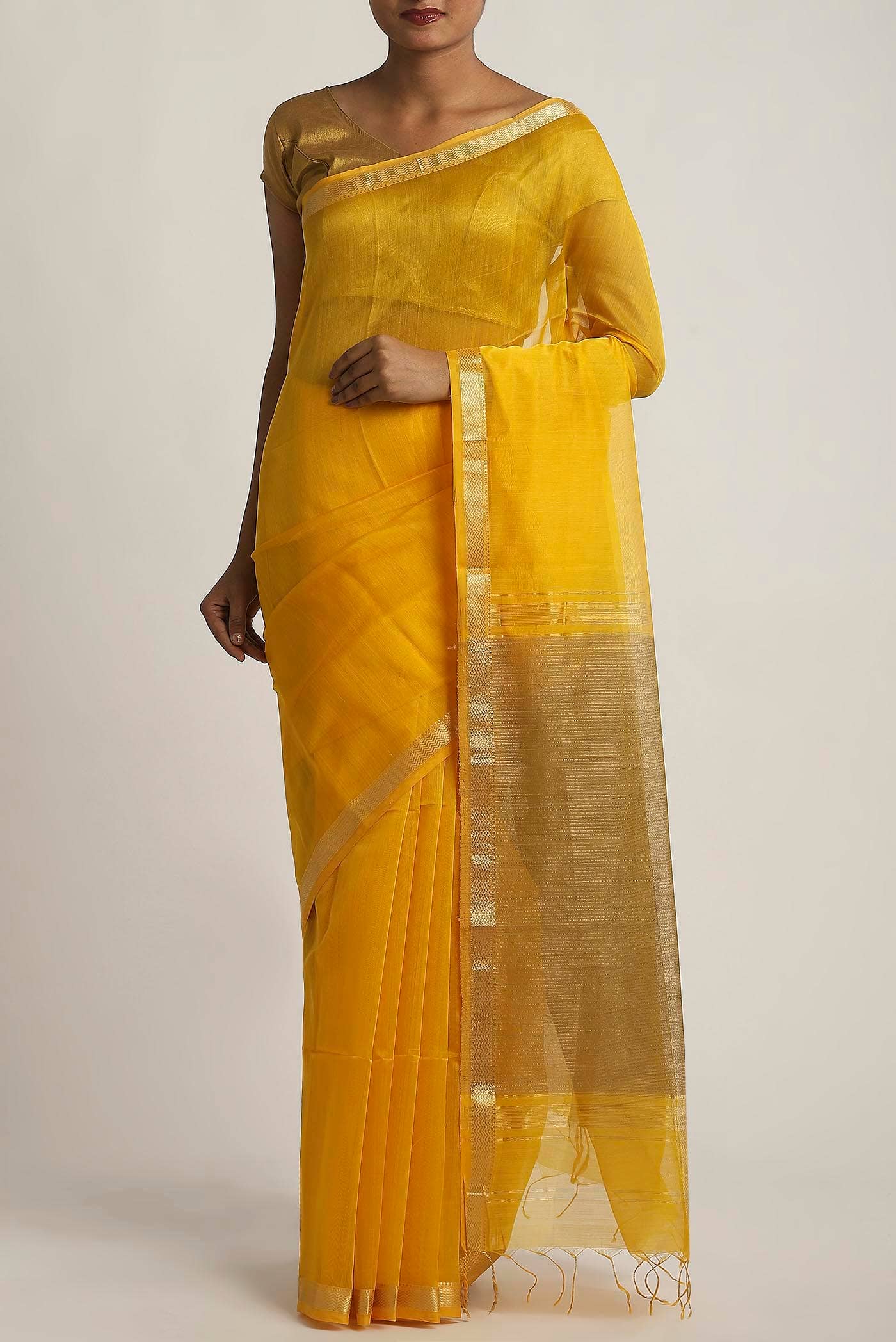 Yellow Maheshwari Silk Cotton Saree