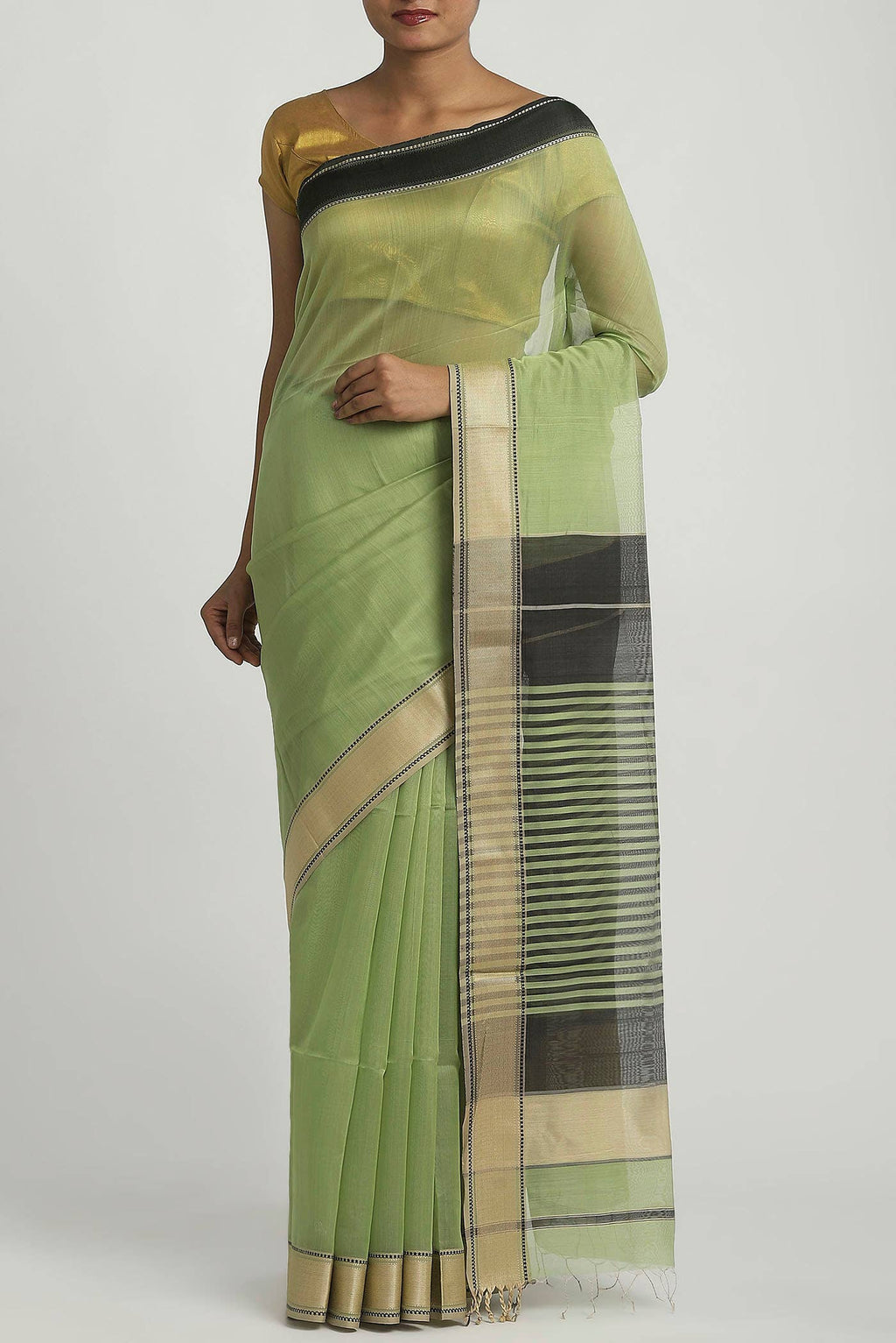 Light Green Maheshwari Silk Cotton Saree