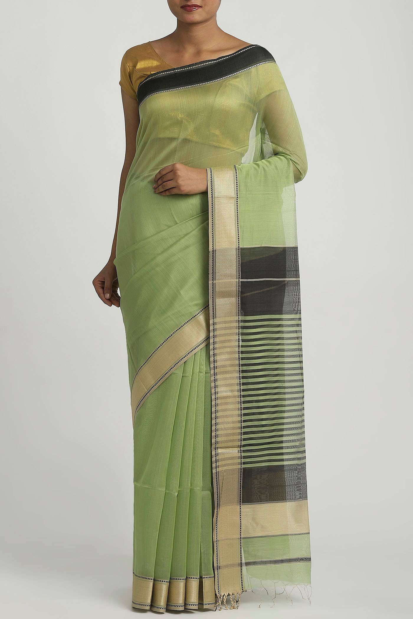 Light Green Maheshwari Silk Cotton Saree