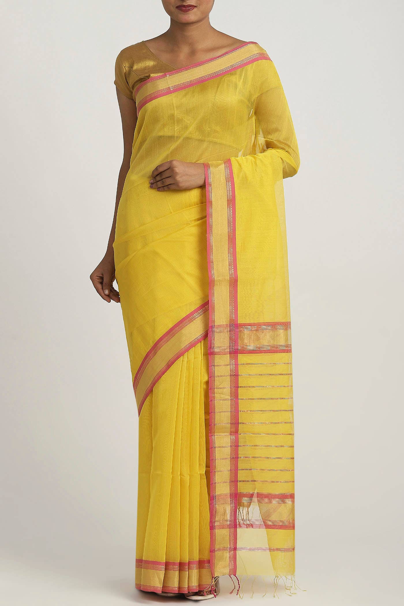 Yellow Maheshwari Silk Cotton Saree