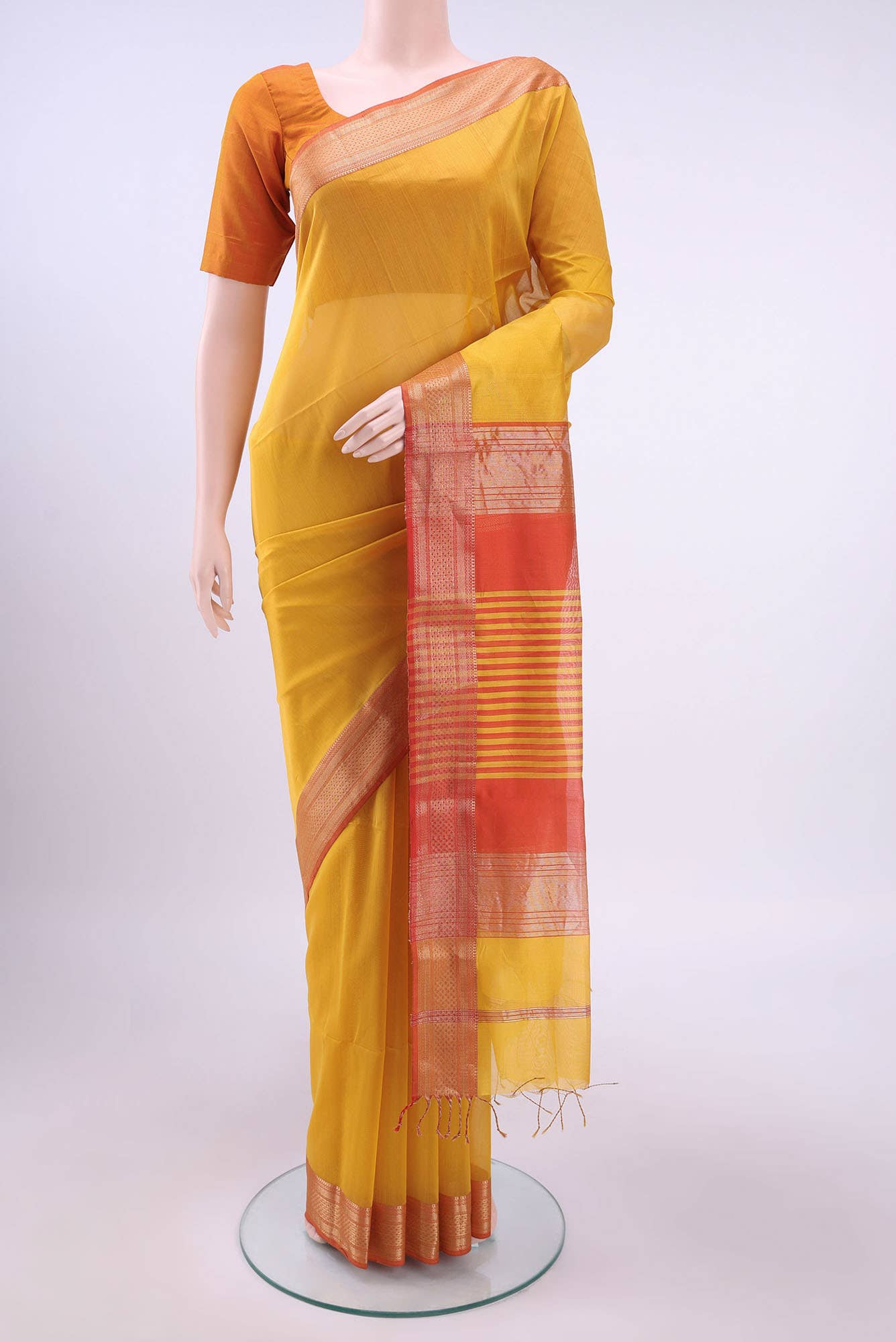 Pure Silk Pure Zari Yellow Maheshwari Cotton Saree