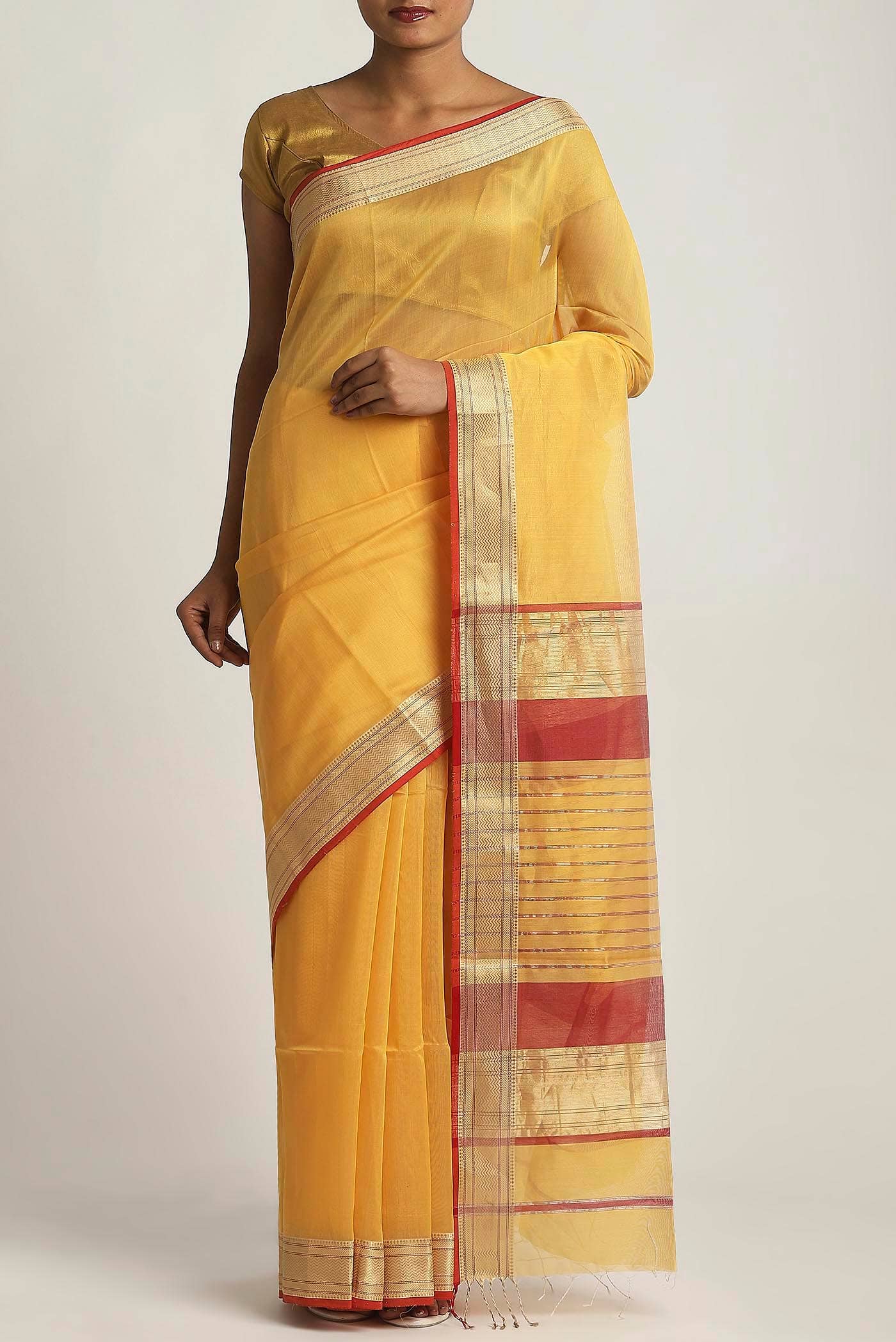 Yellow Maheshwari Silk Cotton Saree