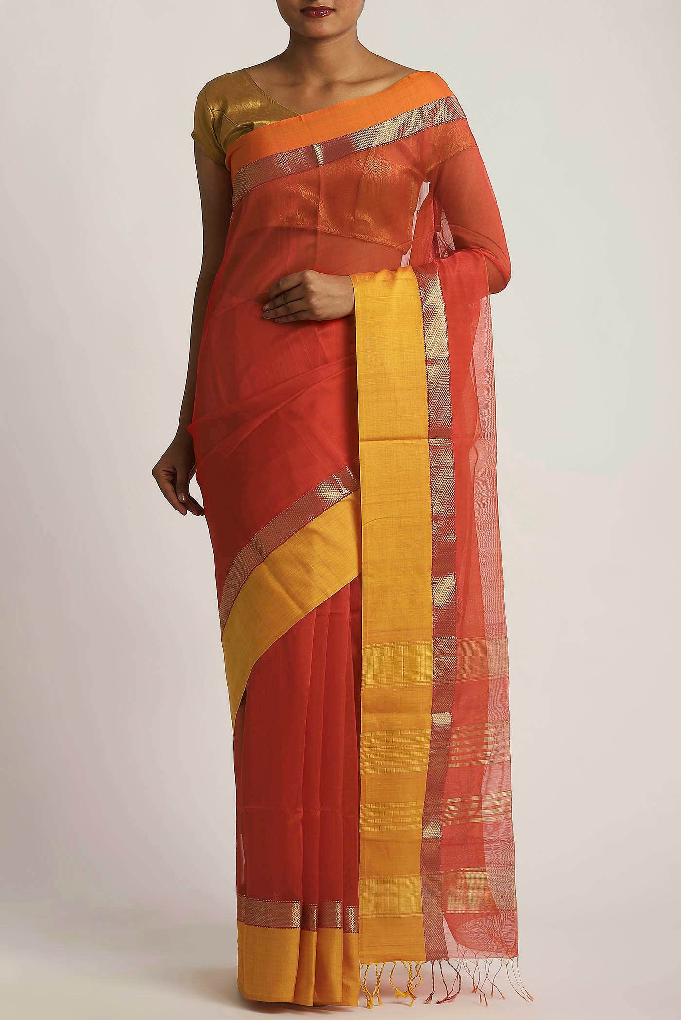 Orange Maheshwari Silk Cotton Saree