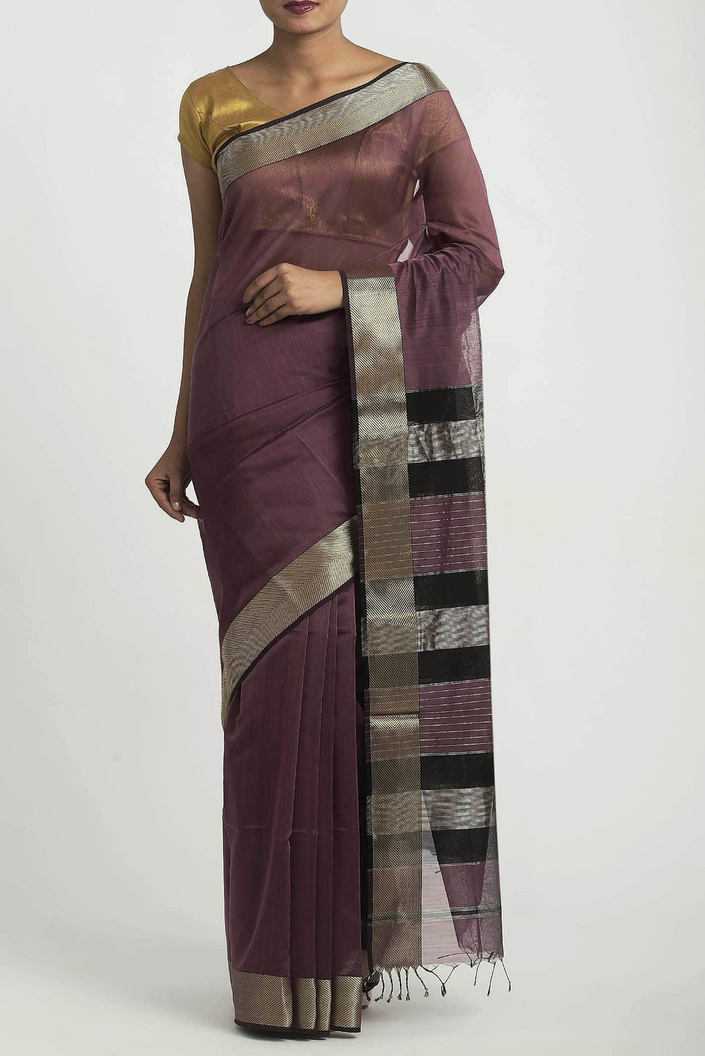 Dark Mauve Maheshwari Silk Cotton Saree
