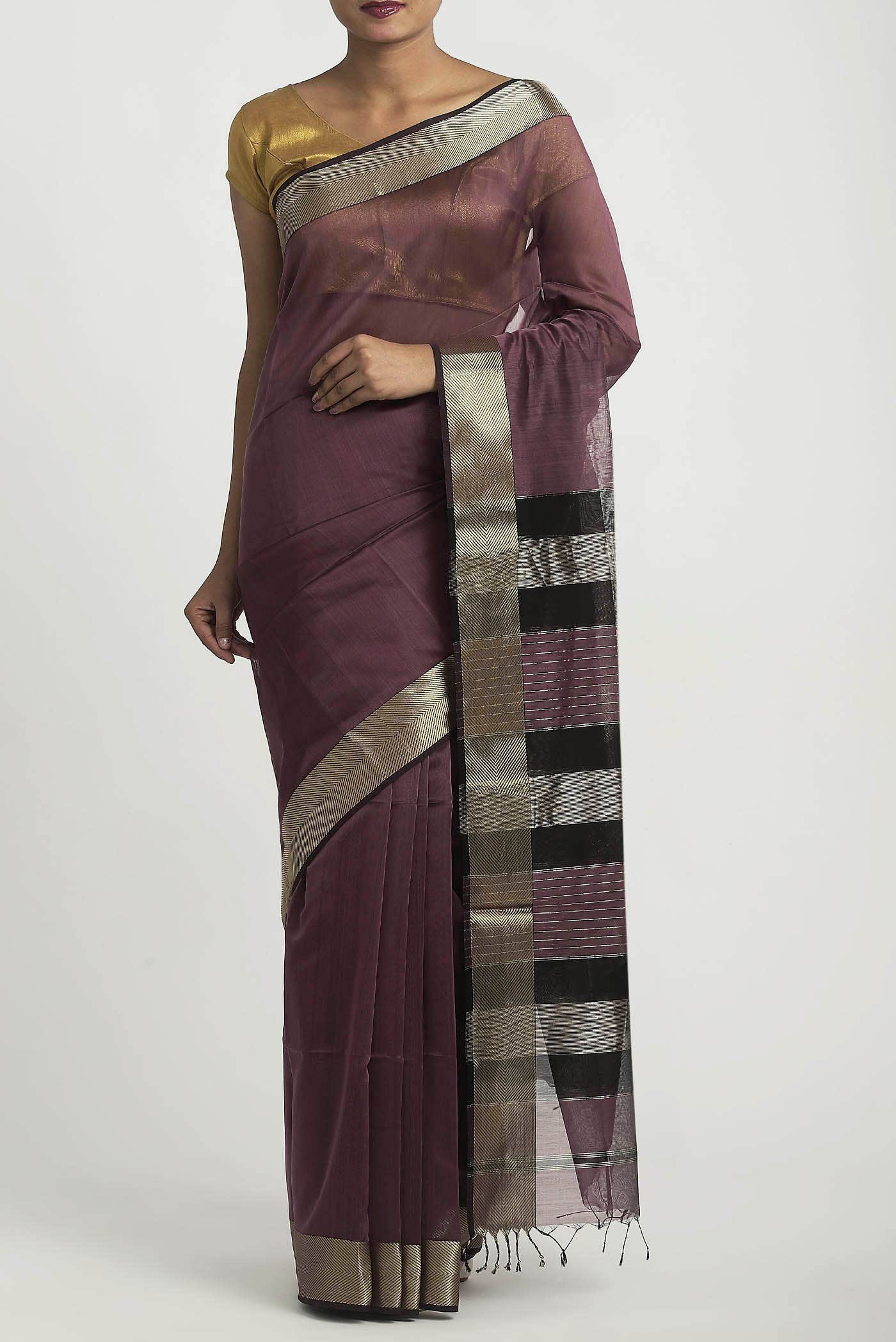 Dark Mauve Maheshwari Silk Cotton Saree