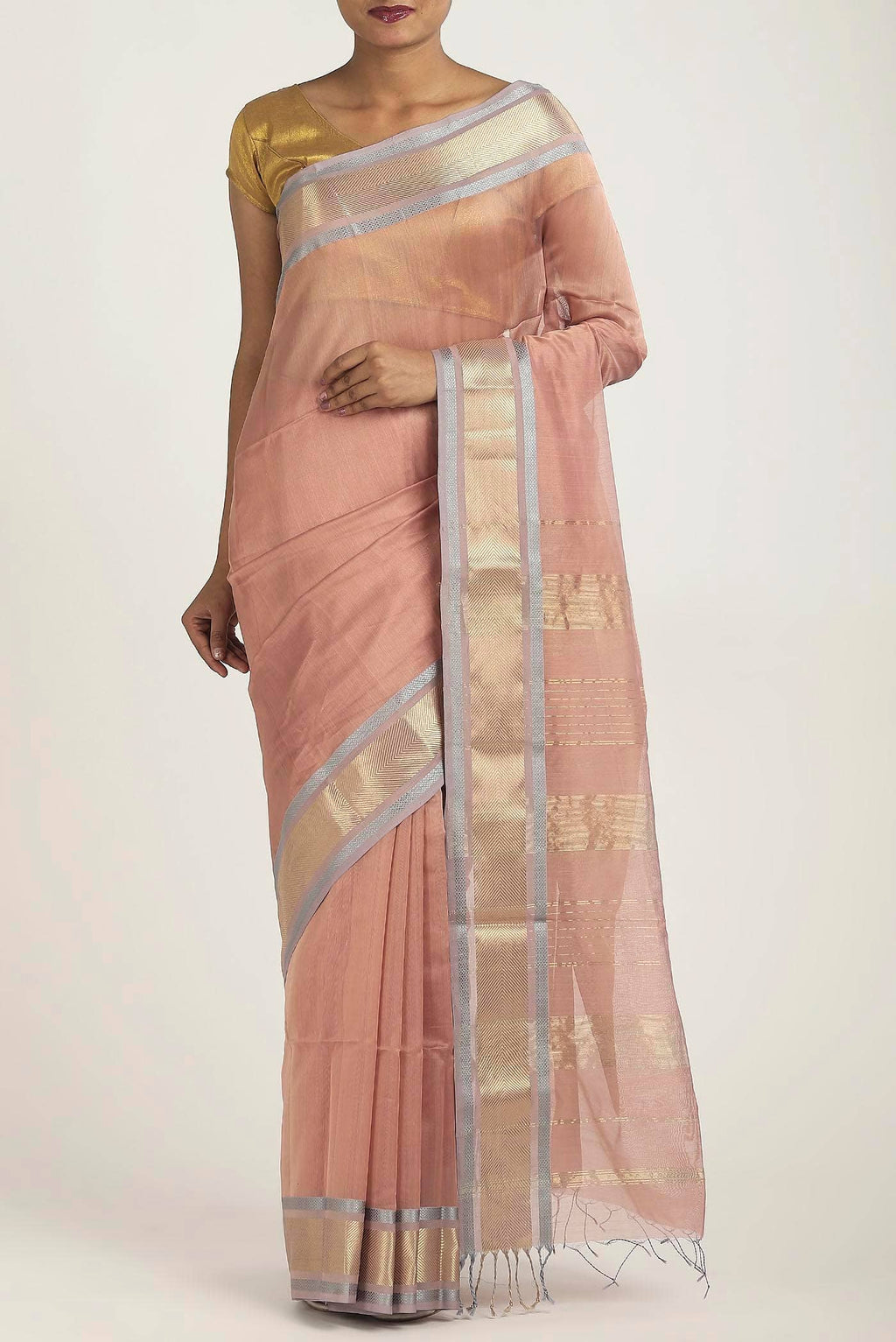 Rose Gold Maheshwari Silk Cotton Saree