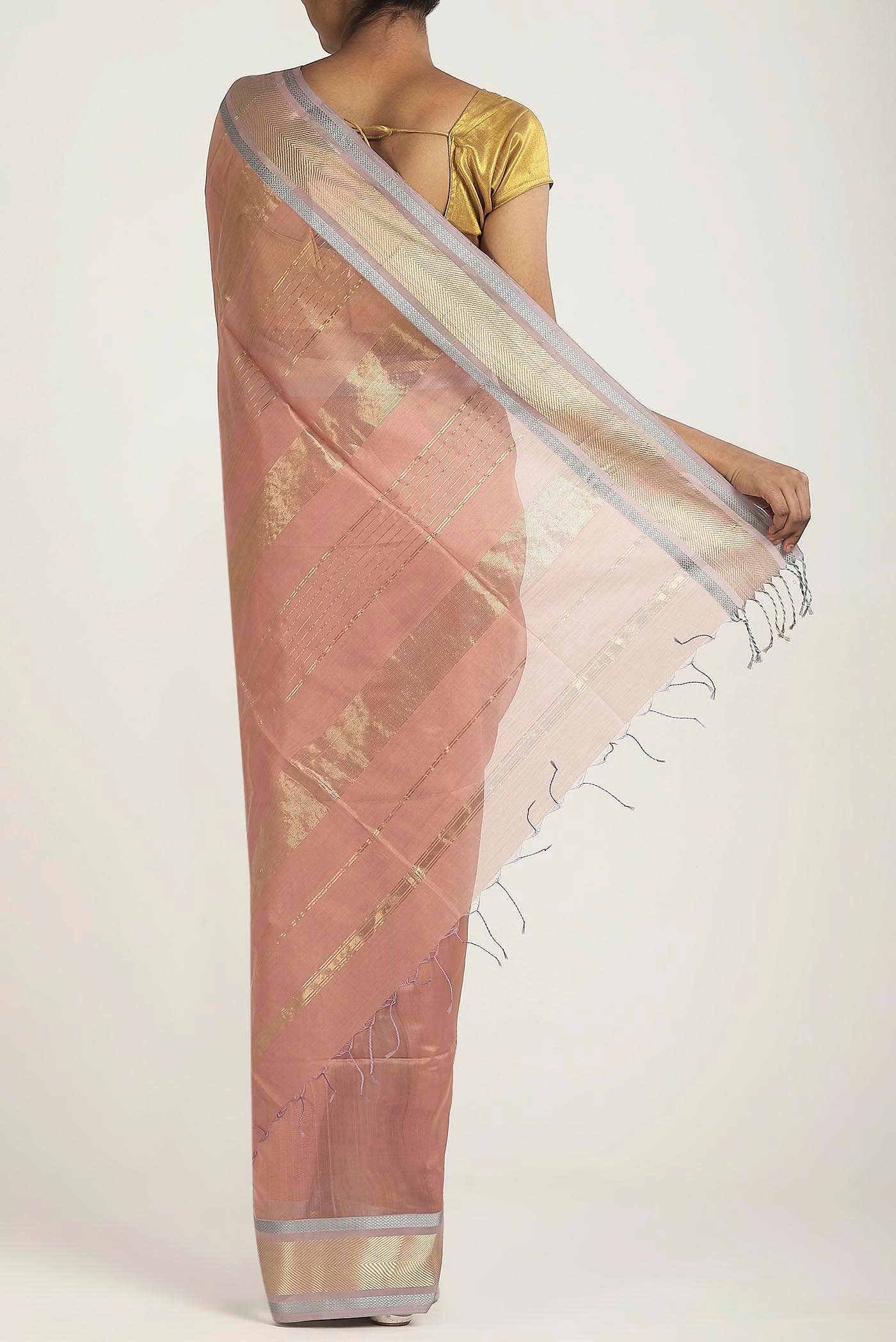 Rose Gold Maheshwari Silk Cotton Saree