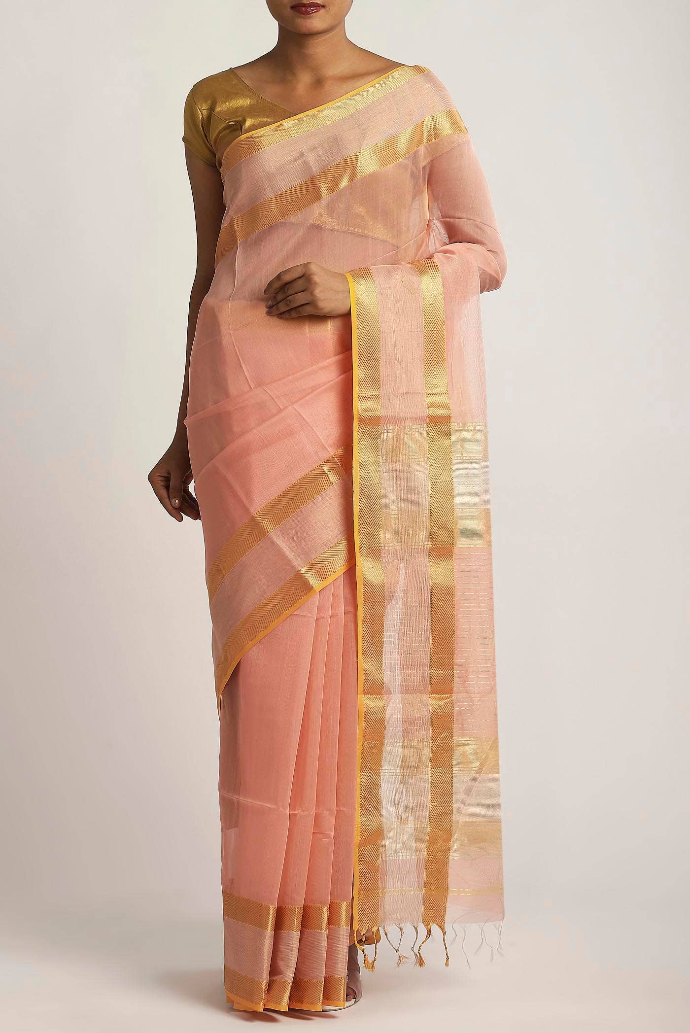 Peach Maheshwari Silk Cotton Saree