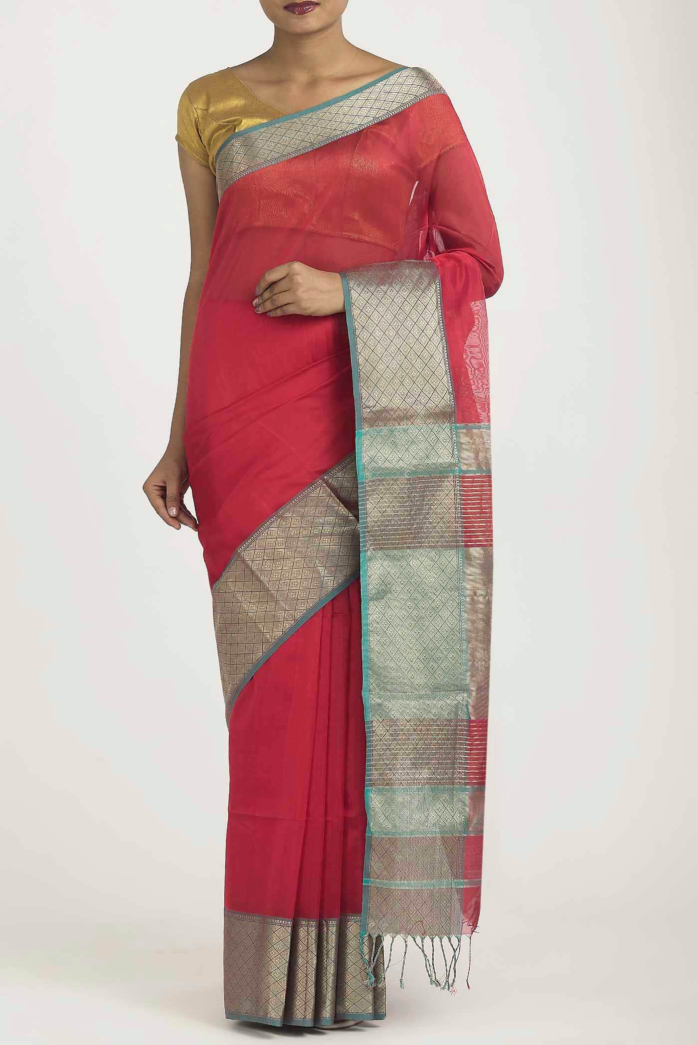 Red Maheshwari Silk Cotton Saree