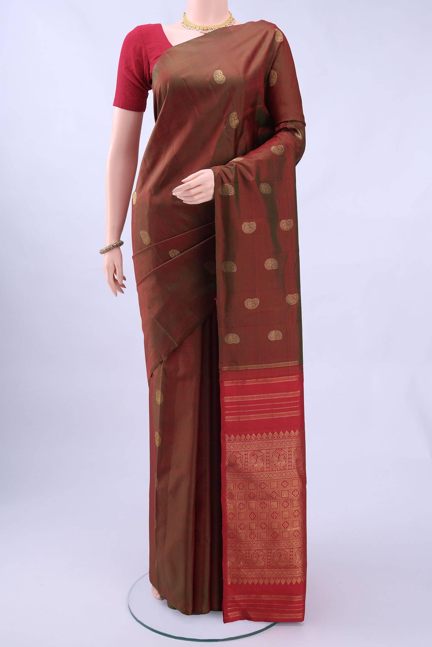 Pure Silk Pure Zari Green Dual Tone Kanchipuram Saree