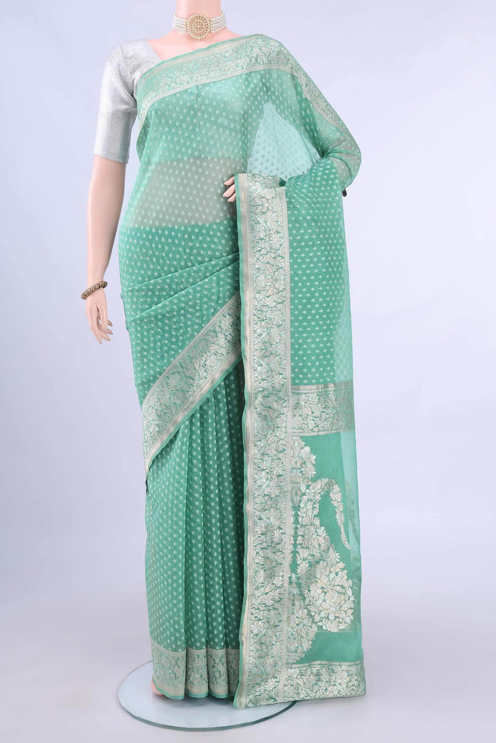 Turquoise Kora Silk Saree