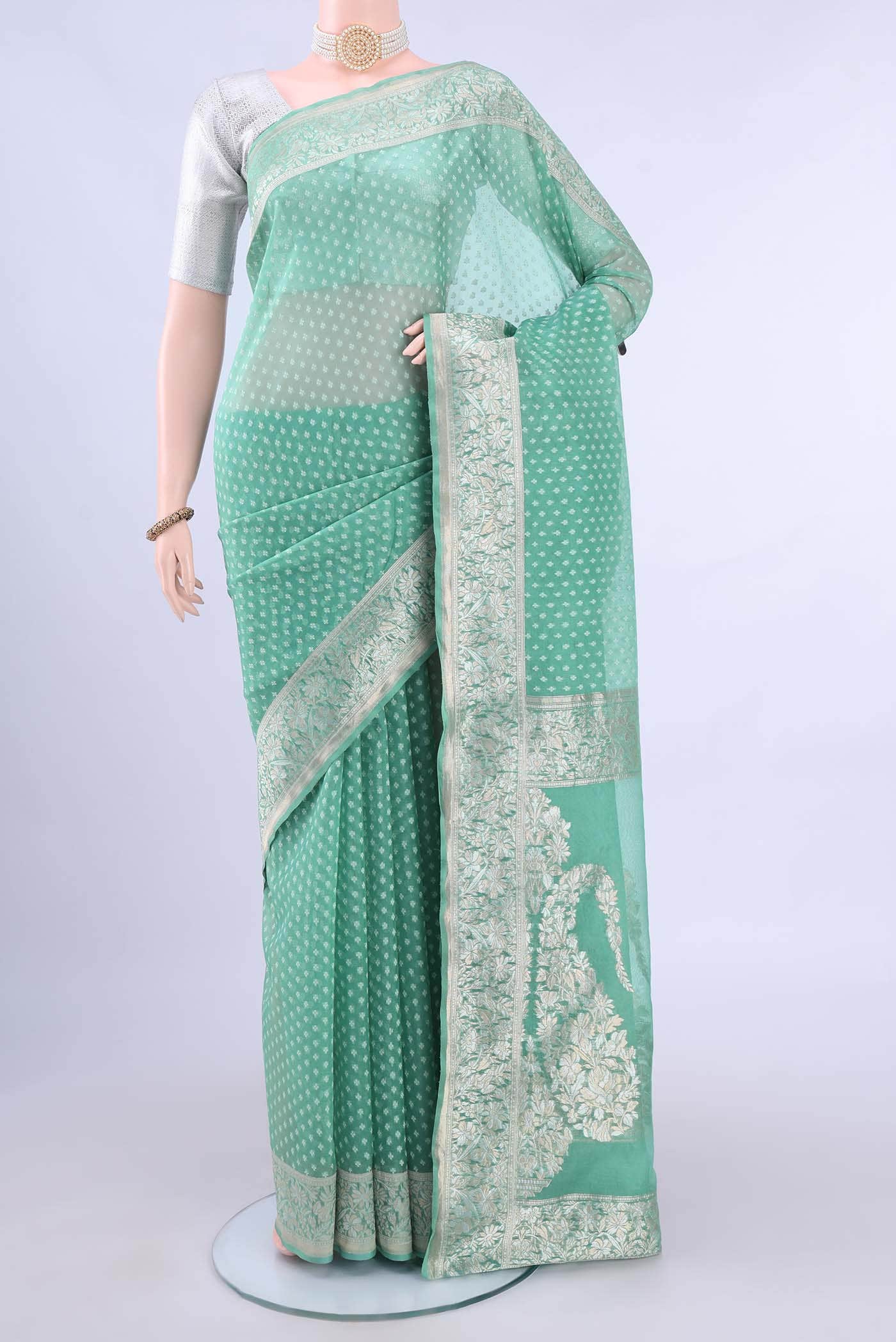 Turquoise Kora Silk Saree