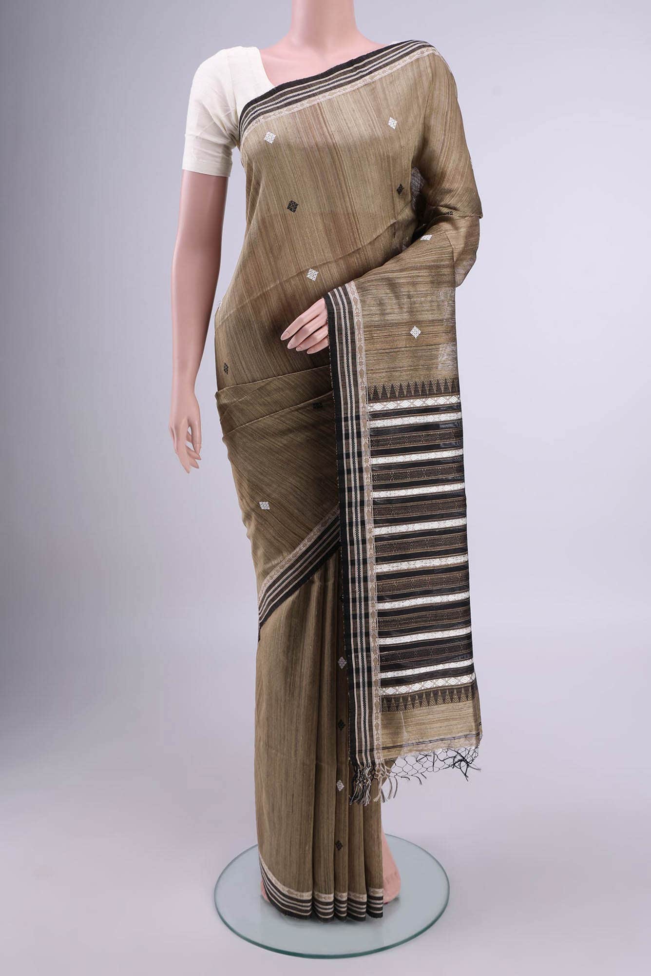 Dark Beige Tussar Silk Saree