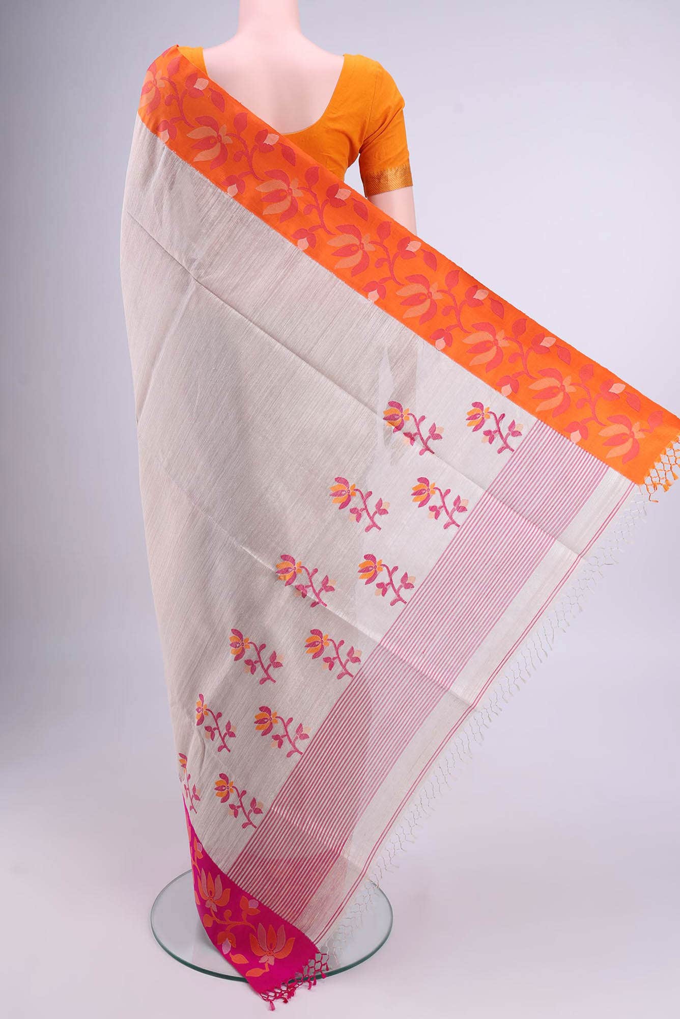 Cream Tussar Silk Saree