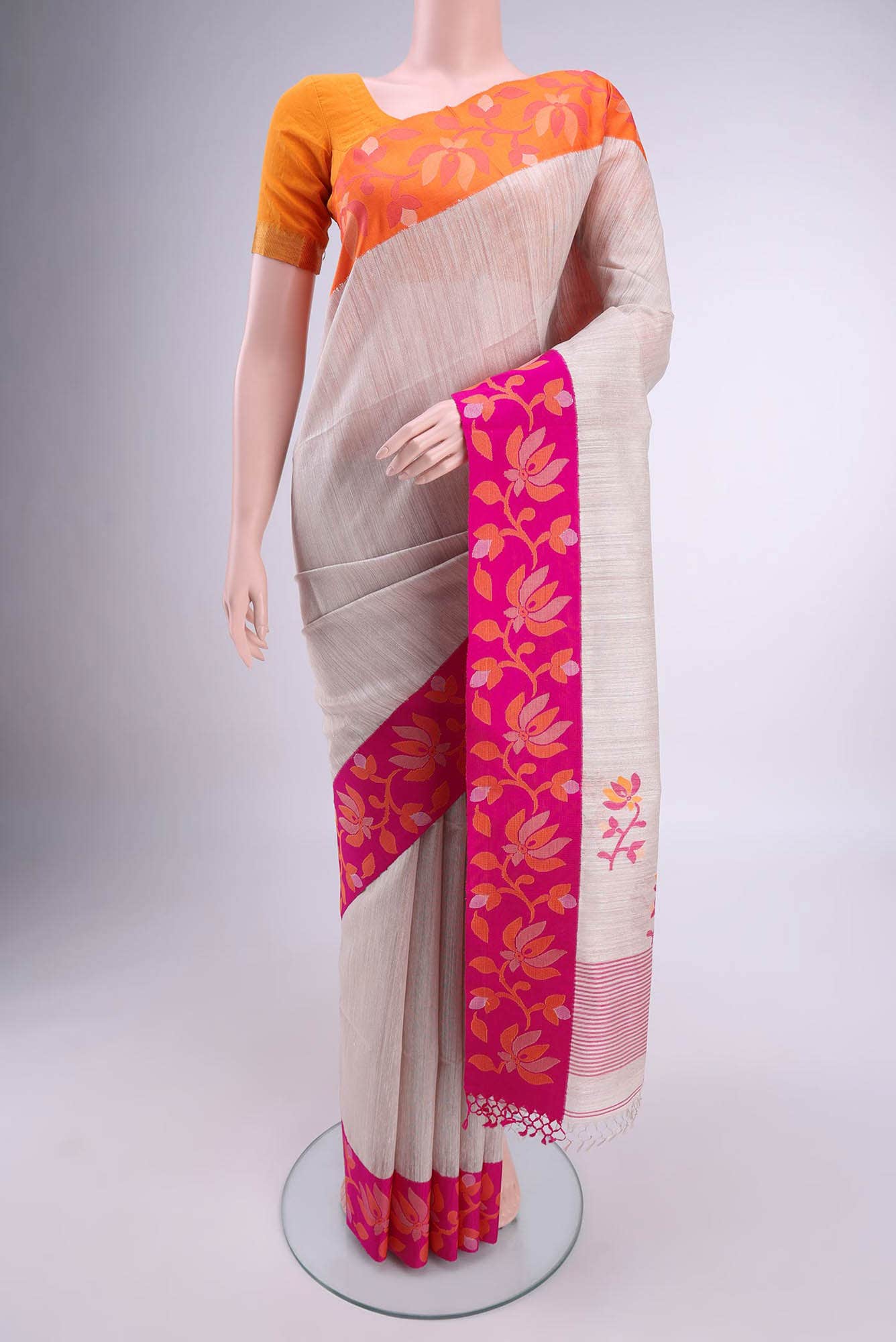 Cream Tussar Silk Saree