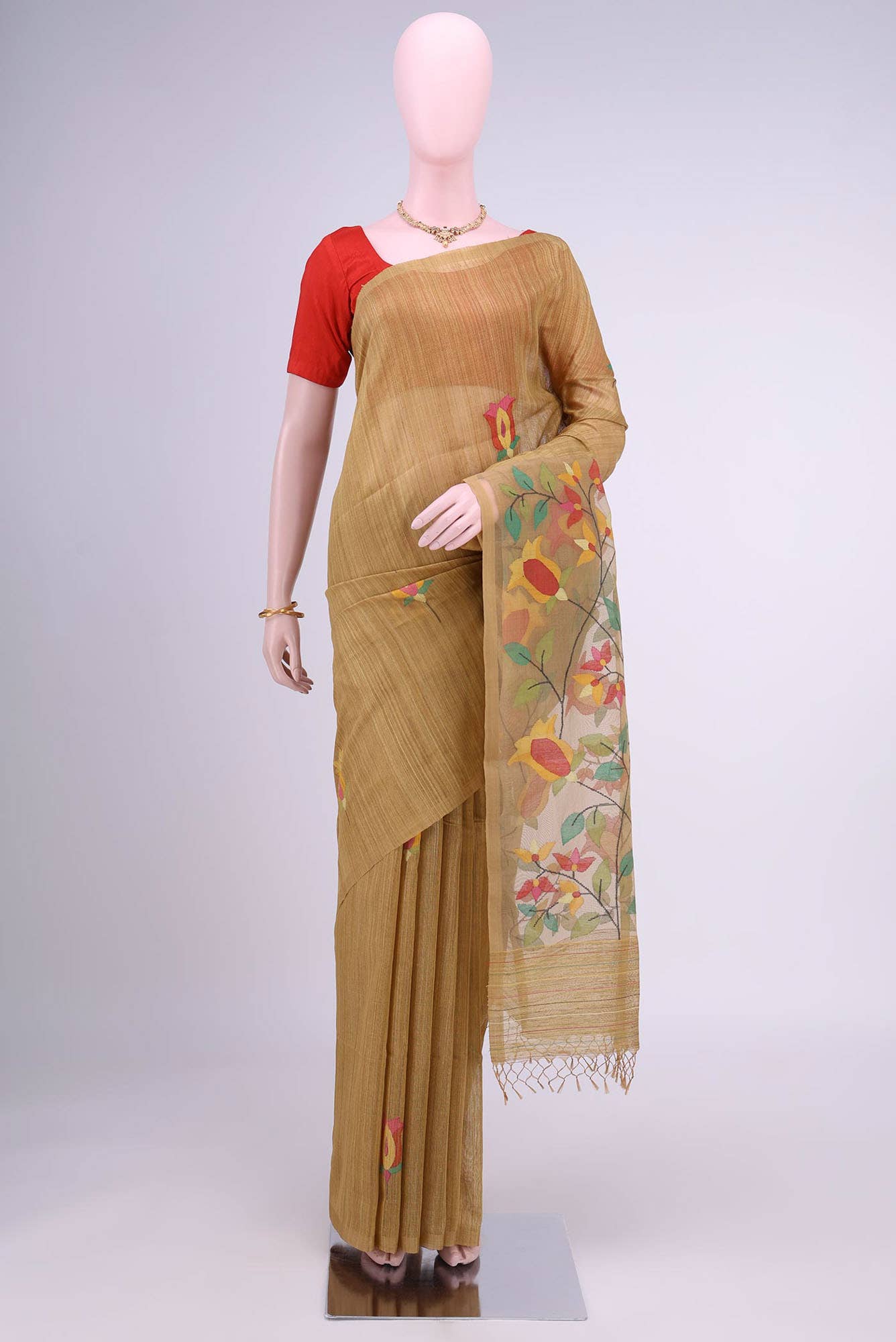 Dark Beige Tussar Silk Saree