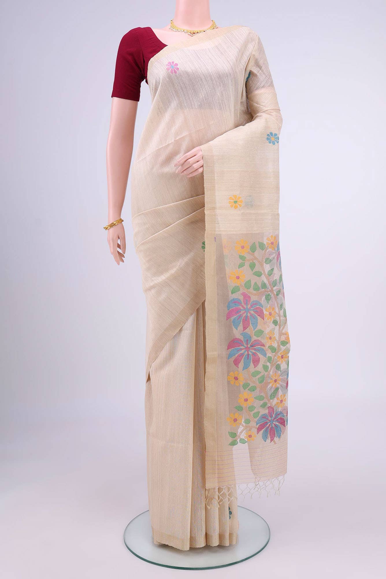 Beige Tussar Silk Saree