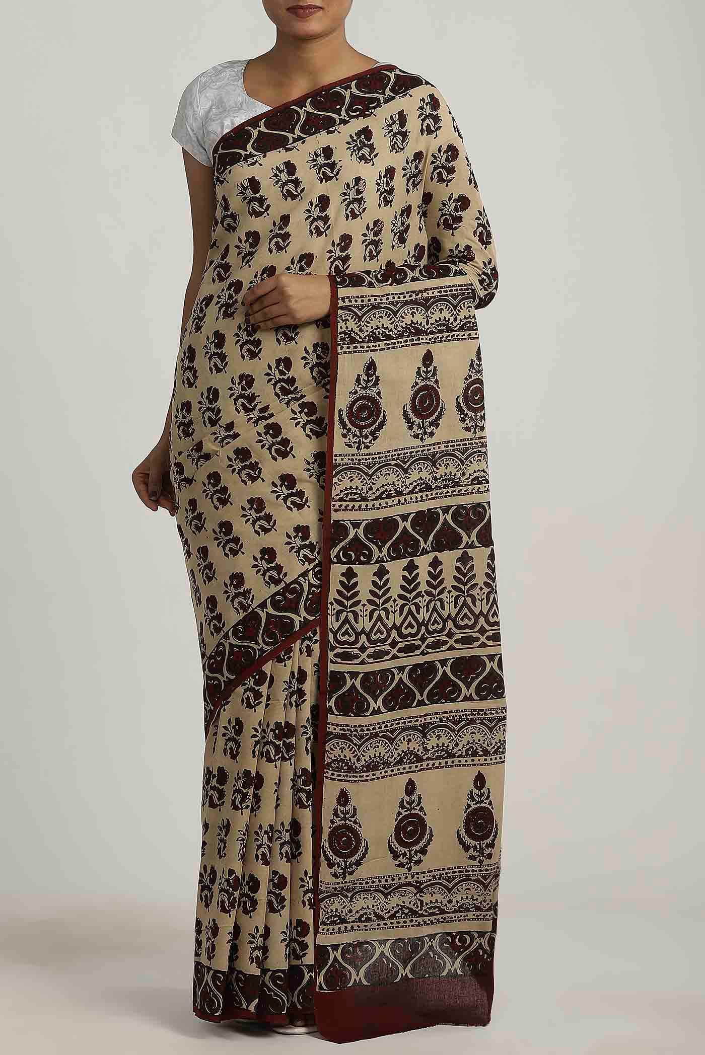 Beige Printed Cotton Saree