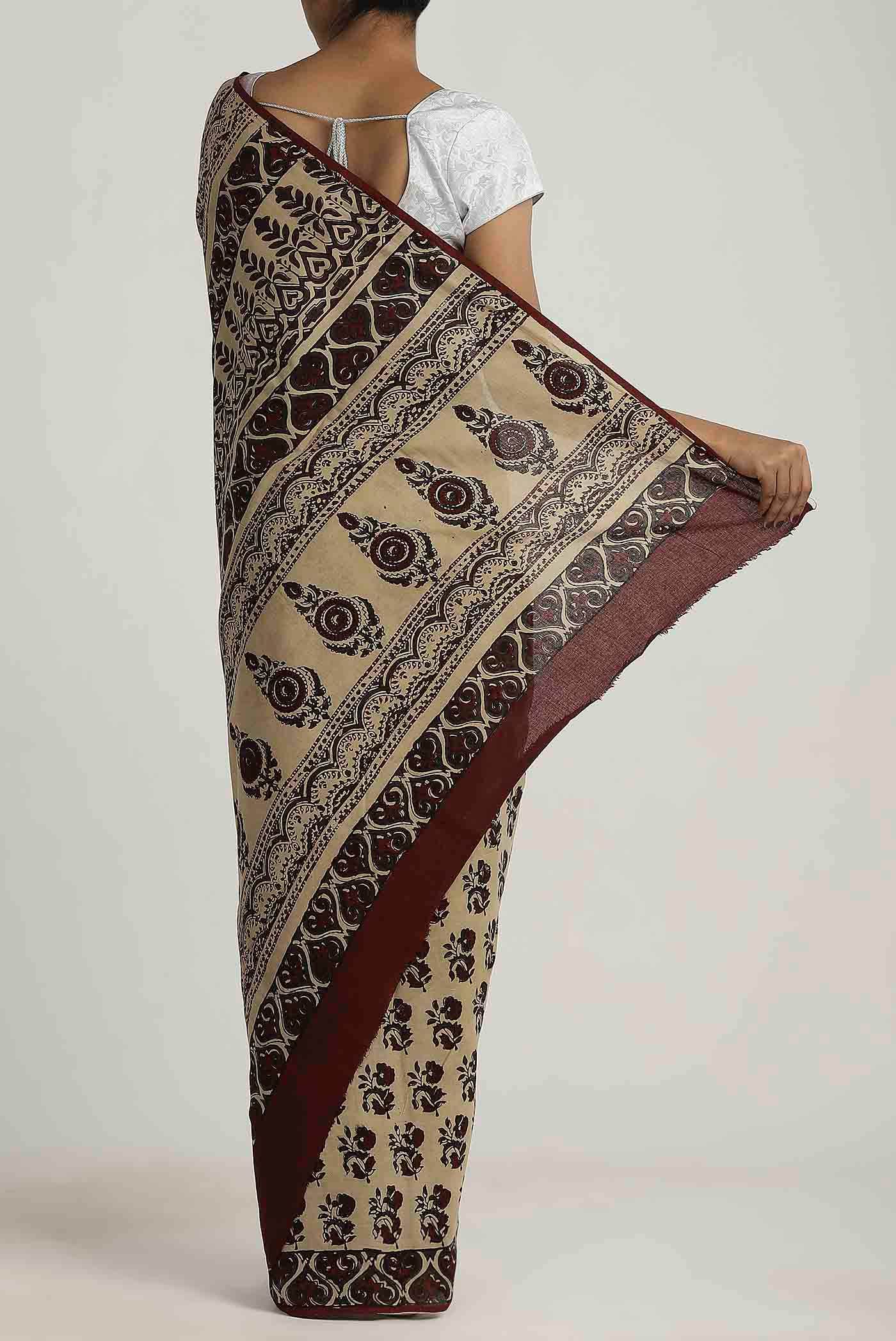 Beige Printed Cotton Saree
