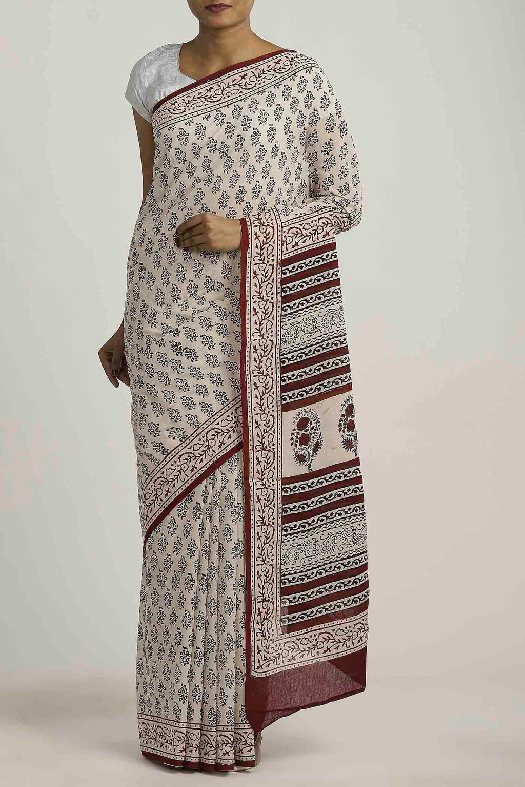 Cream Printed Cotton Saree