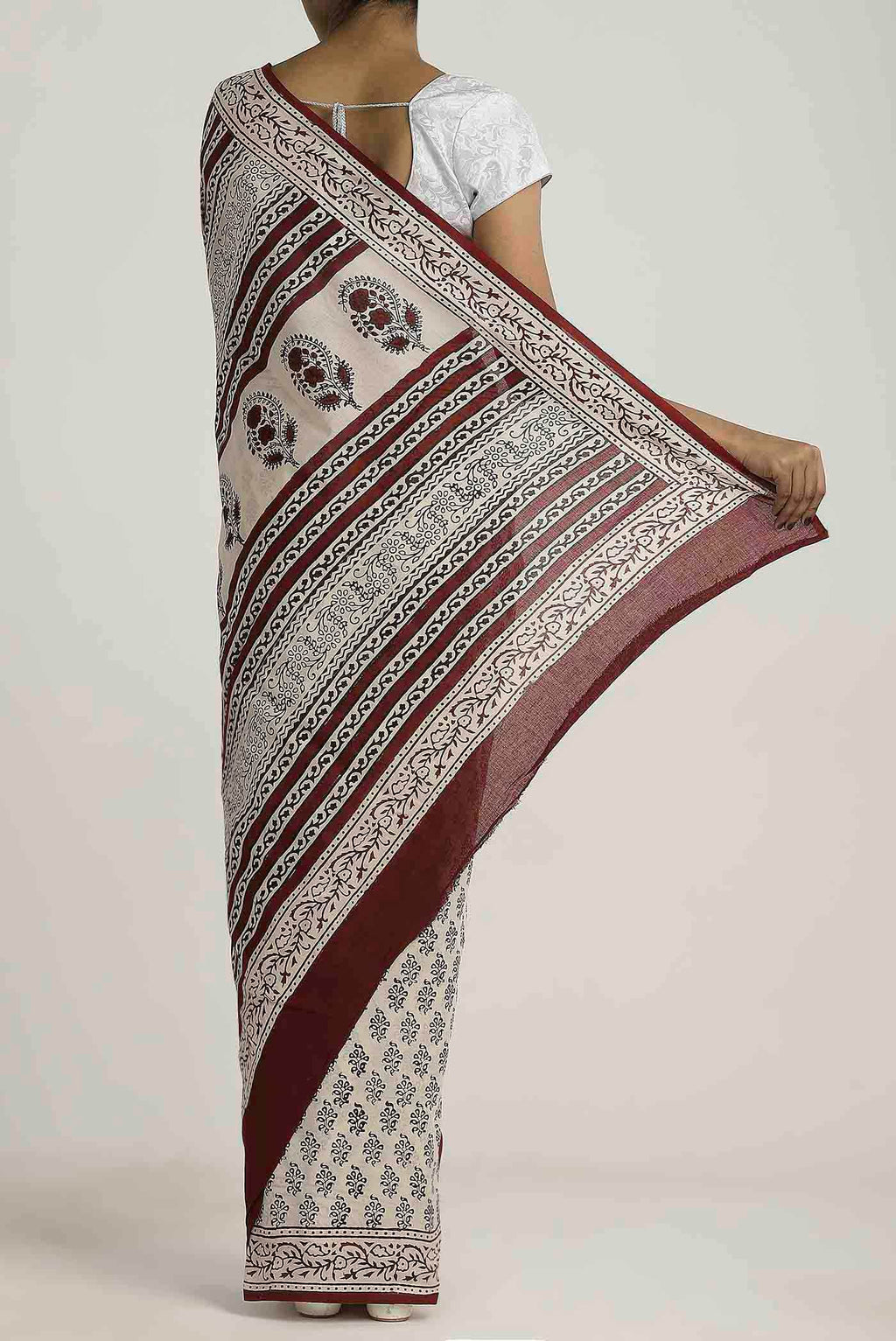 Cream Printed Cotton Saree