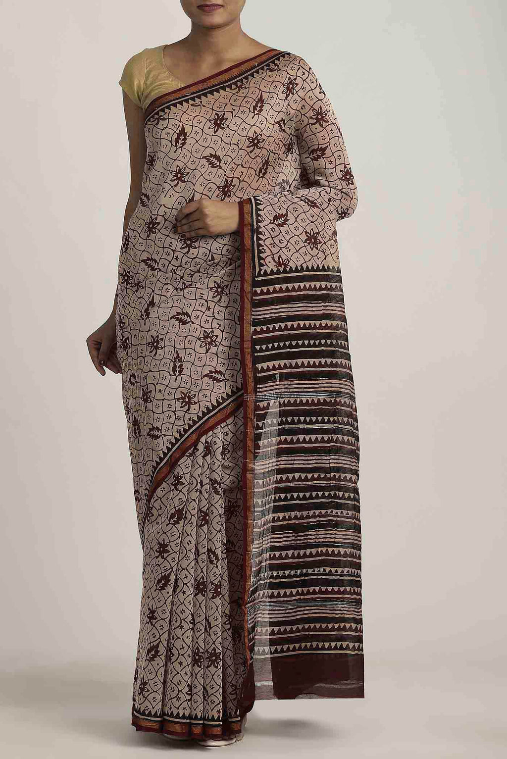 Beige Maheshwari Silk Cotton Saree