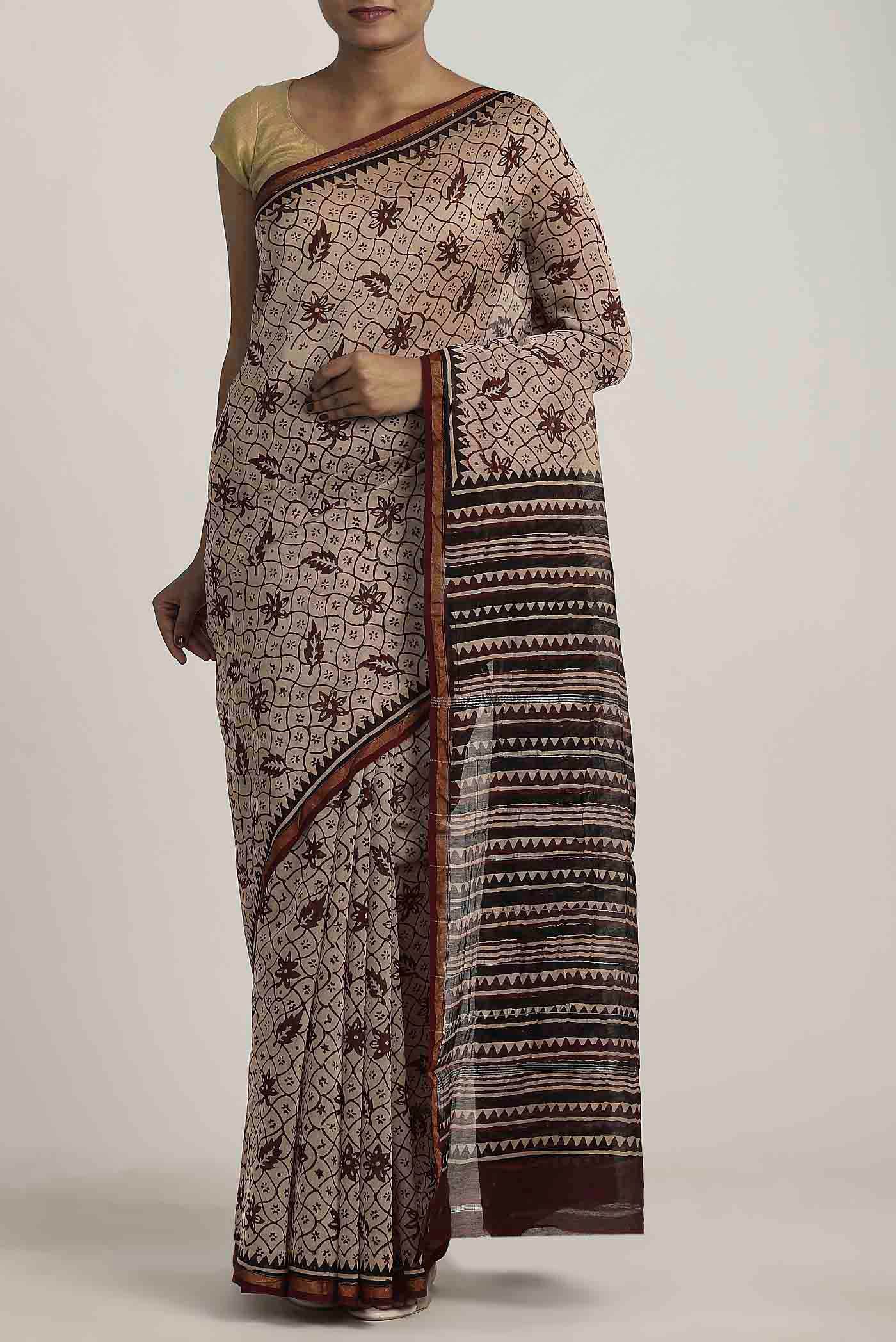 Beige Maheshwari Silk Cotton Saree