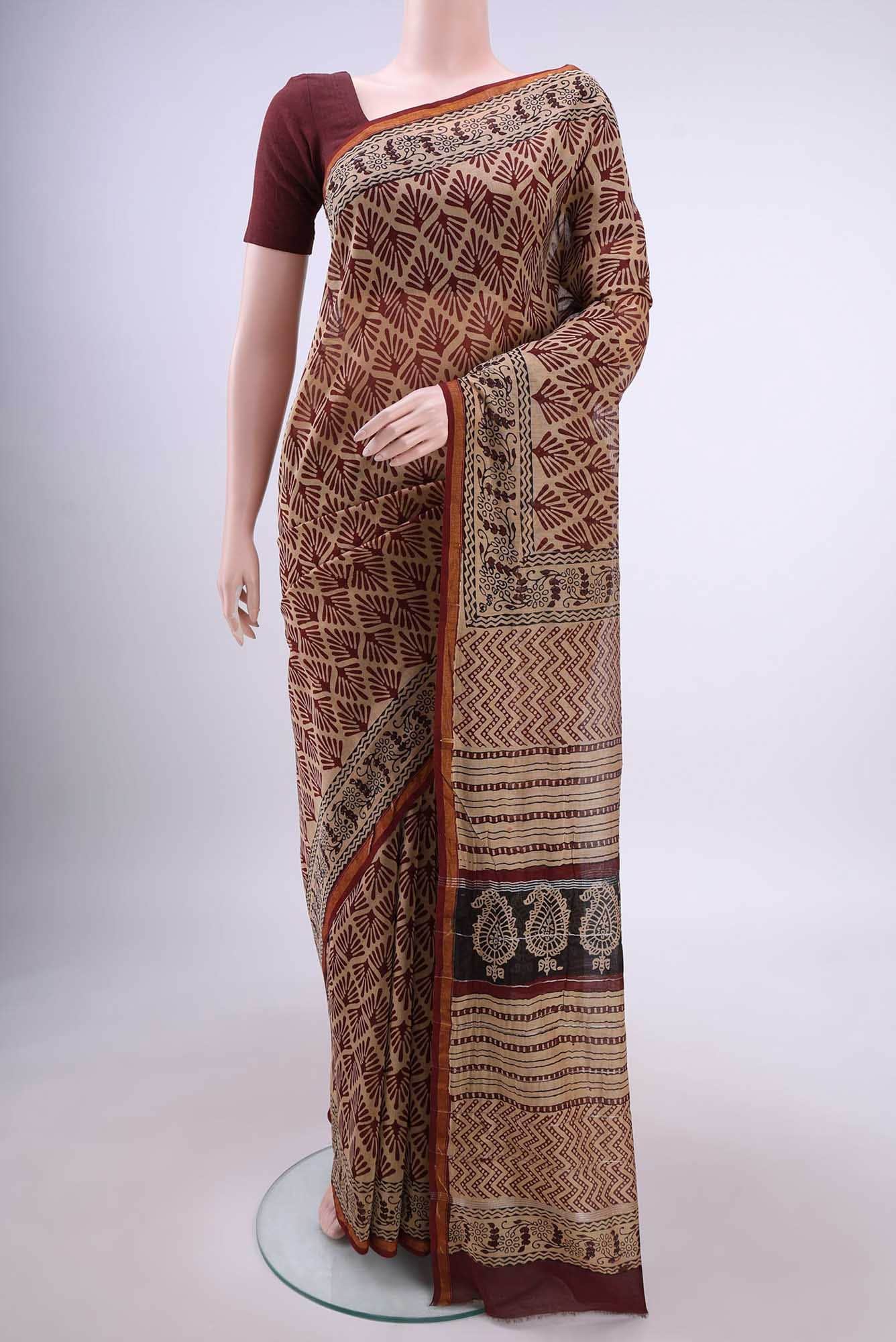 Beige Chanderi Silk Cotton Saree