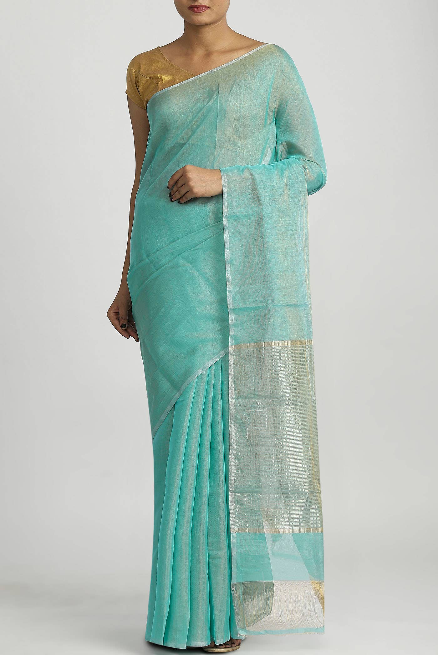 Turquoise Chanderi Silk Cotton Saree
