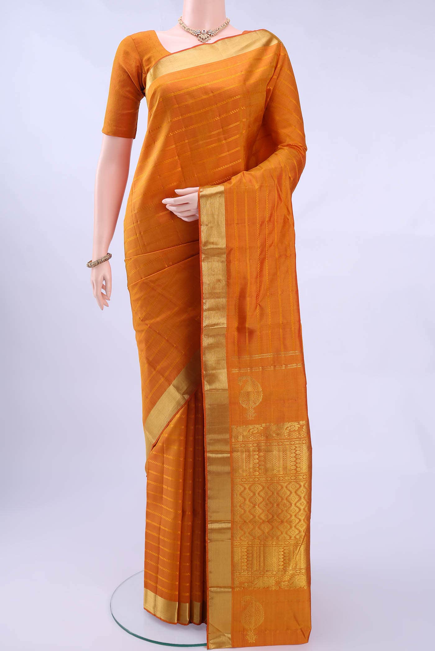 Pure Silk Pure Zari Brick Orange Kanchipuram Saree