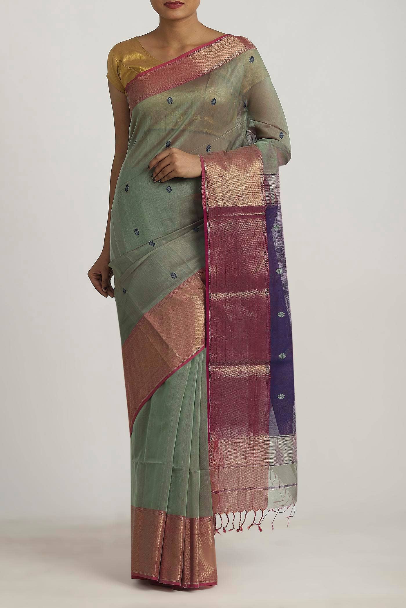 Sage Green Maheshwari Silk Cotton Saree