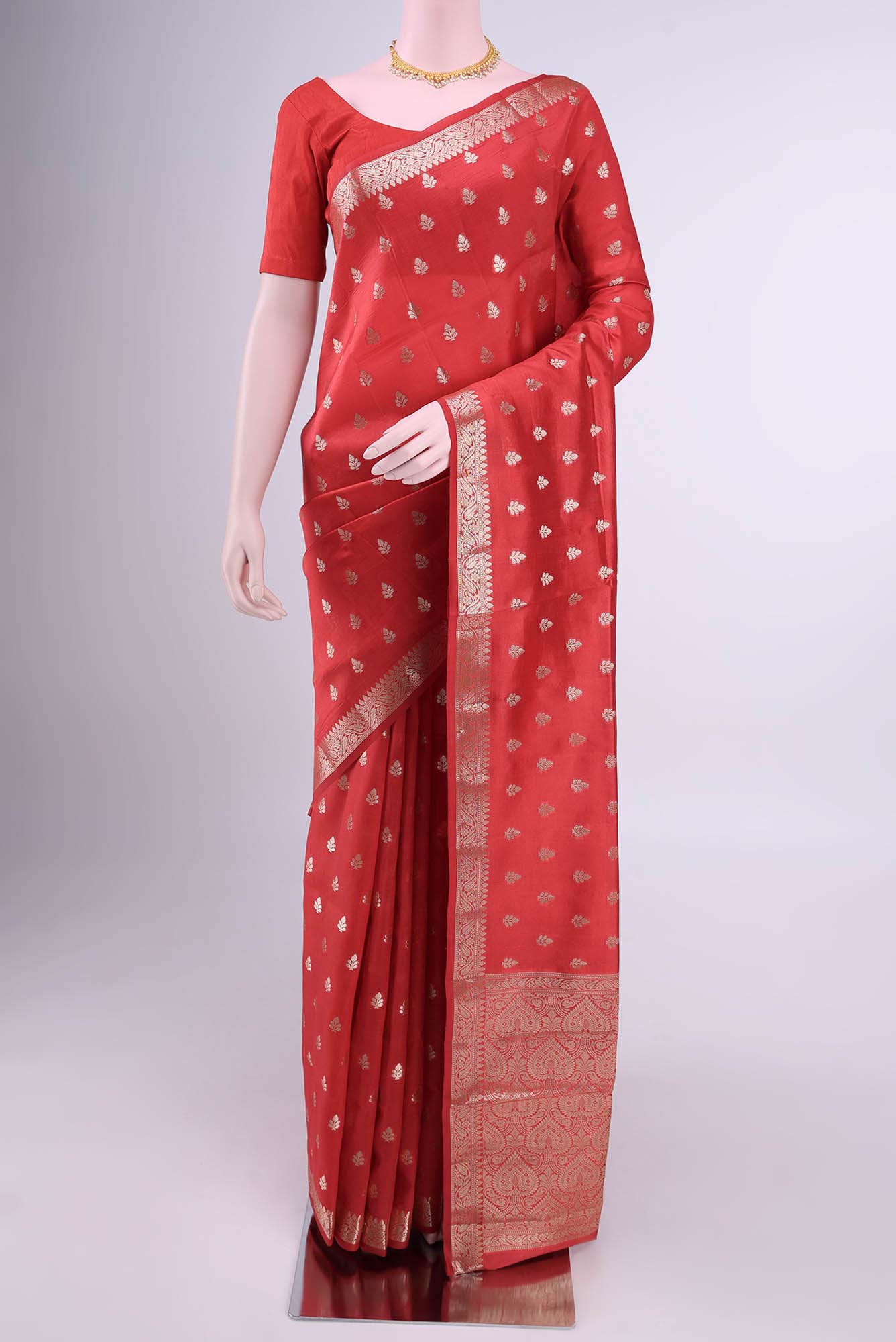 Deep Red Banarasi Tussar Silk Saree