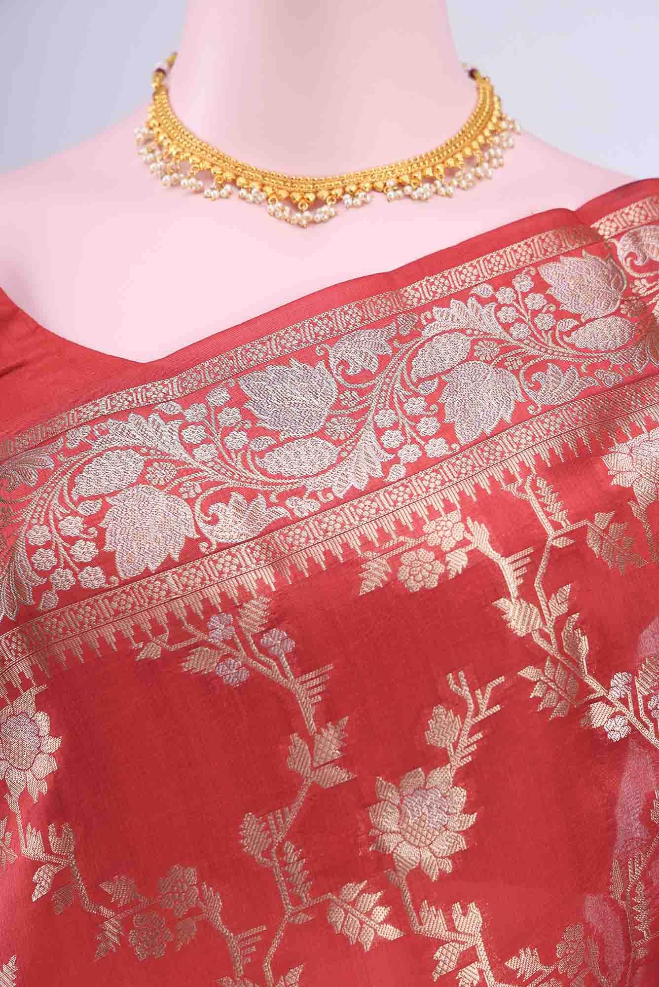 Deep Red Banarasi Tussar Silk Saree