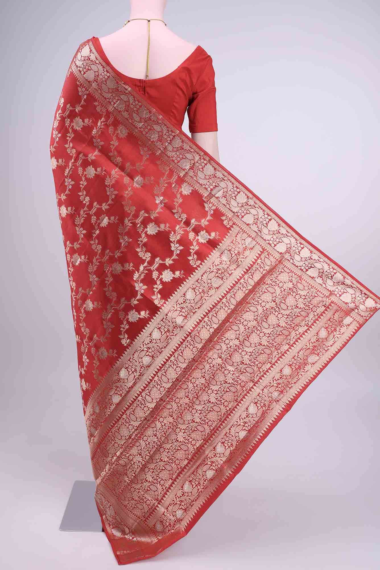 Deep Red Banarasi Tussar Silk Saree