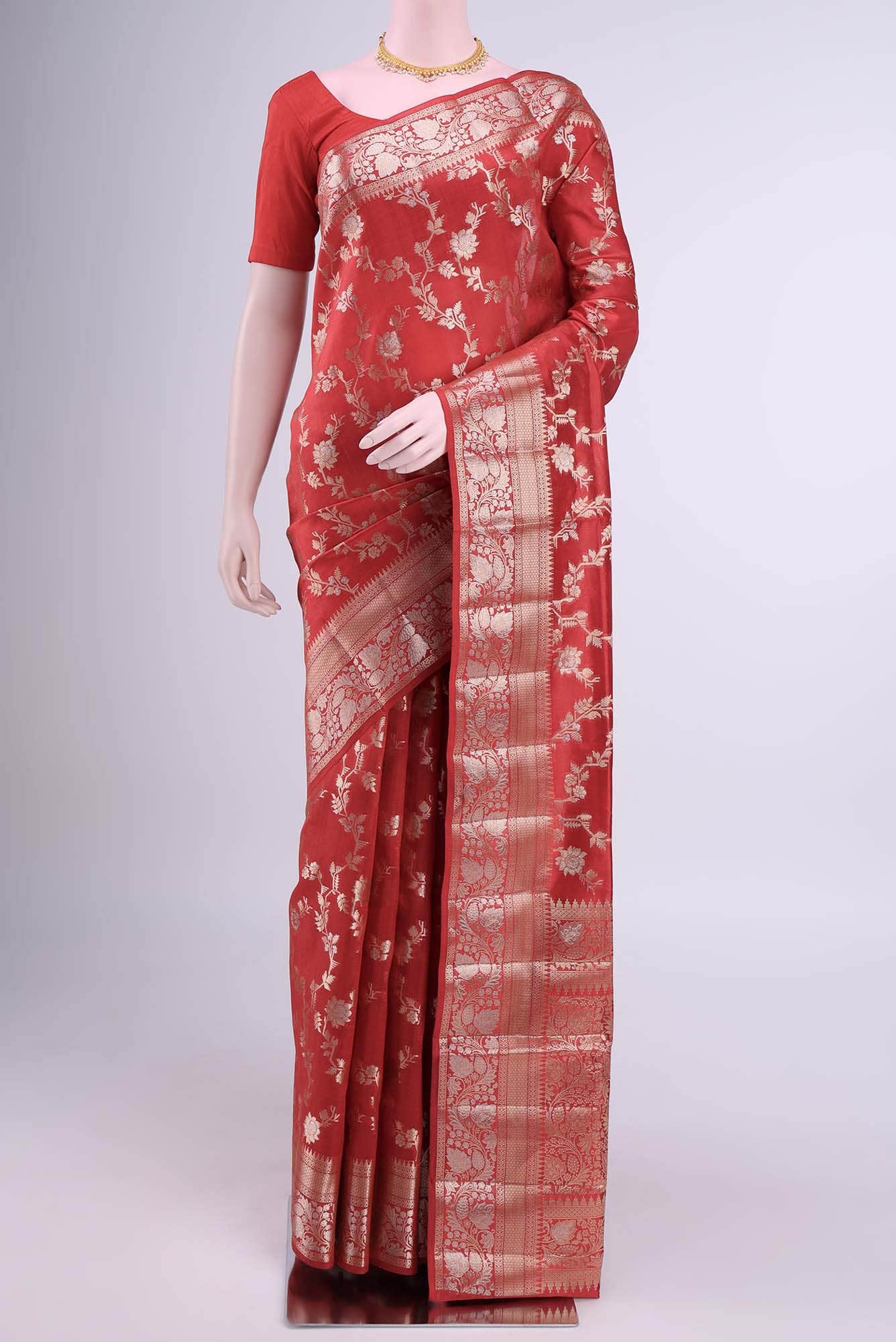 Deep Red Banarasi Tussar Silk Saree