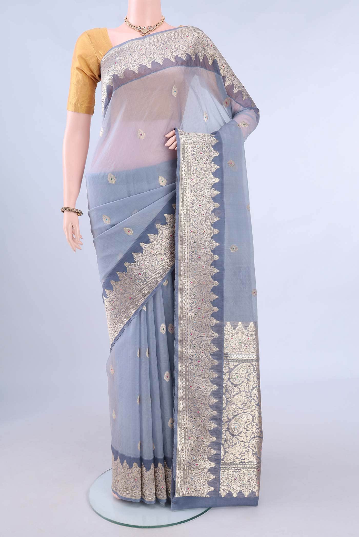 Blue Grey Kora Silk Saree