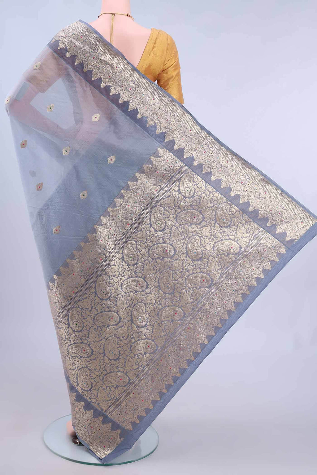 Blue Grey Kora Silk Saree