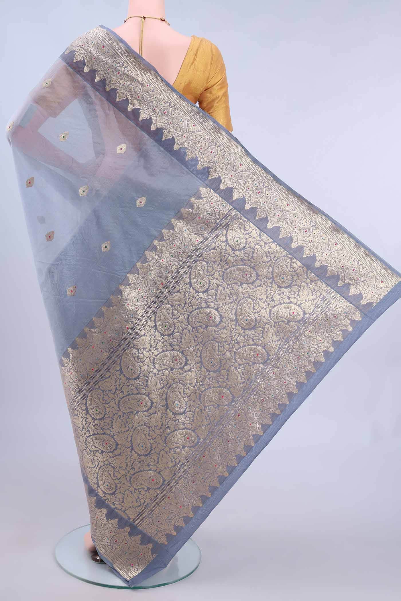 Blue Grey Kora Silk Saree