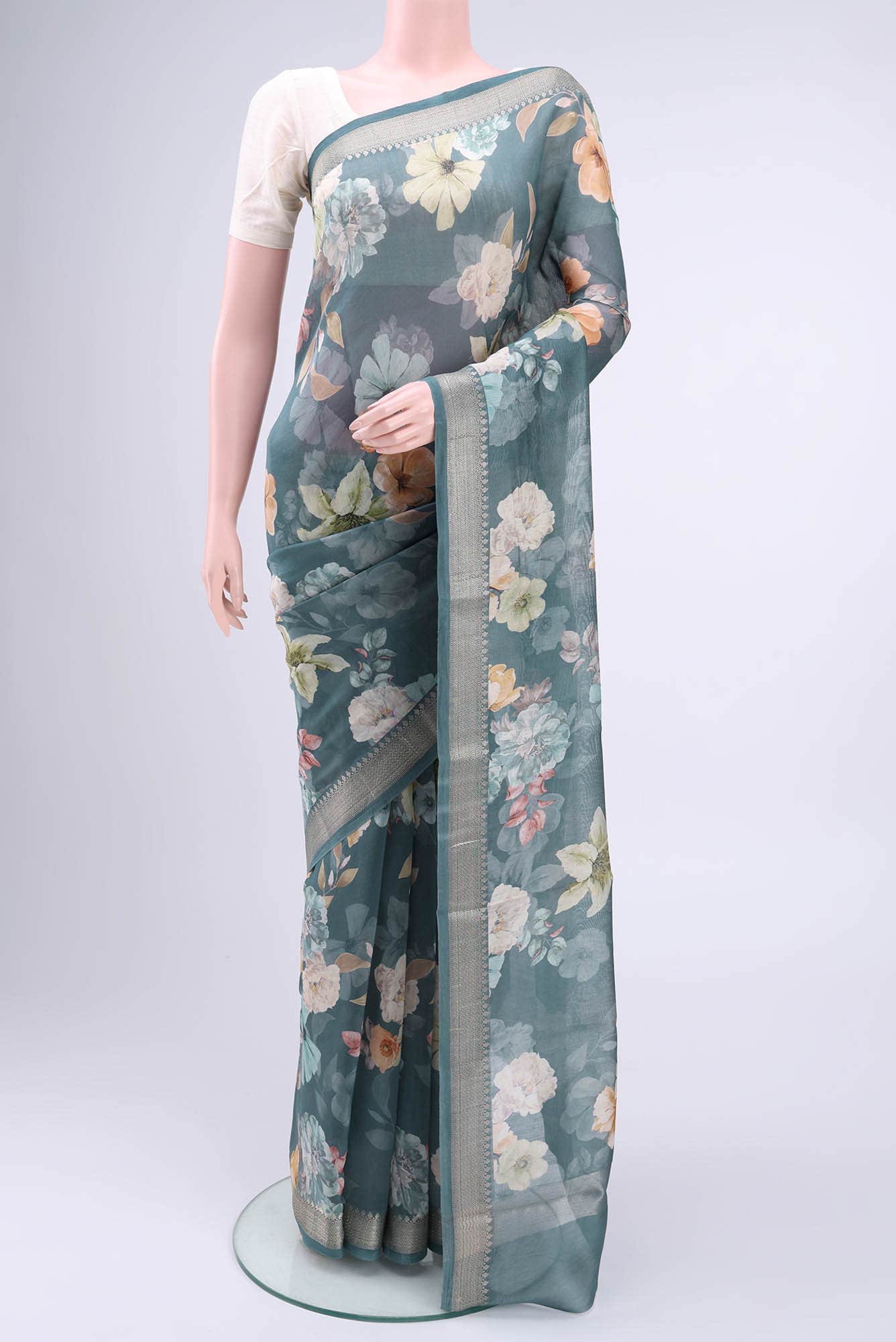 Blue Grey Chanderi Silk Cotton Saree
